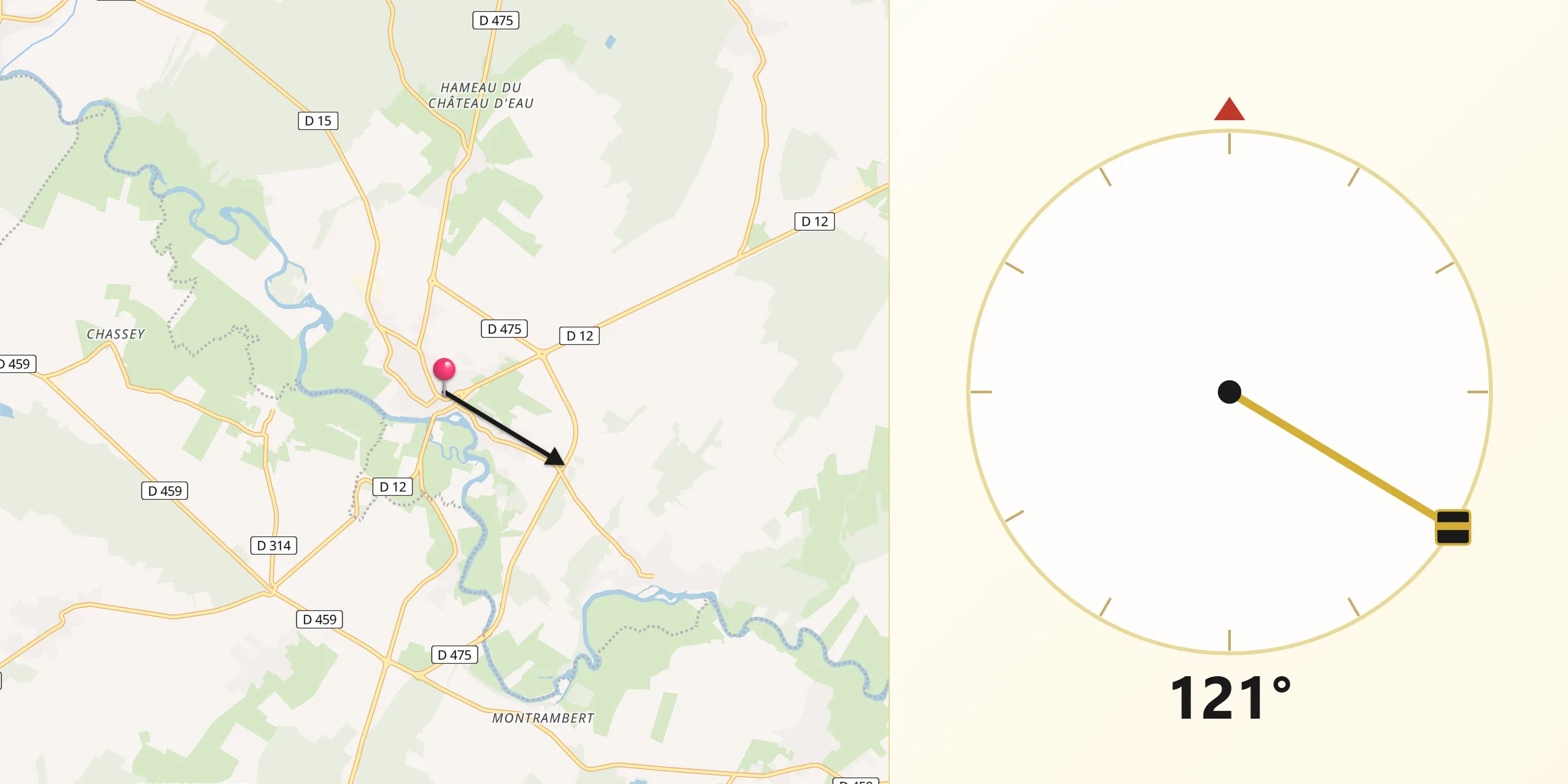 Direction vers la Qibla depuis Pesmes
