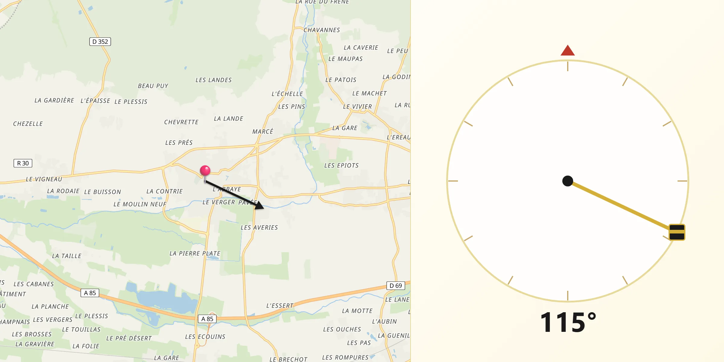 Direction vers la Qibla depuis Bourgueil