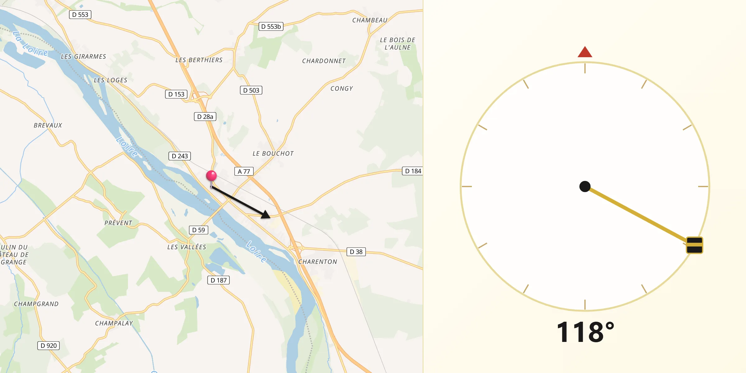 Direction vers la Qibla depuis Pouilly-sur-Loire