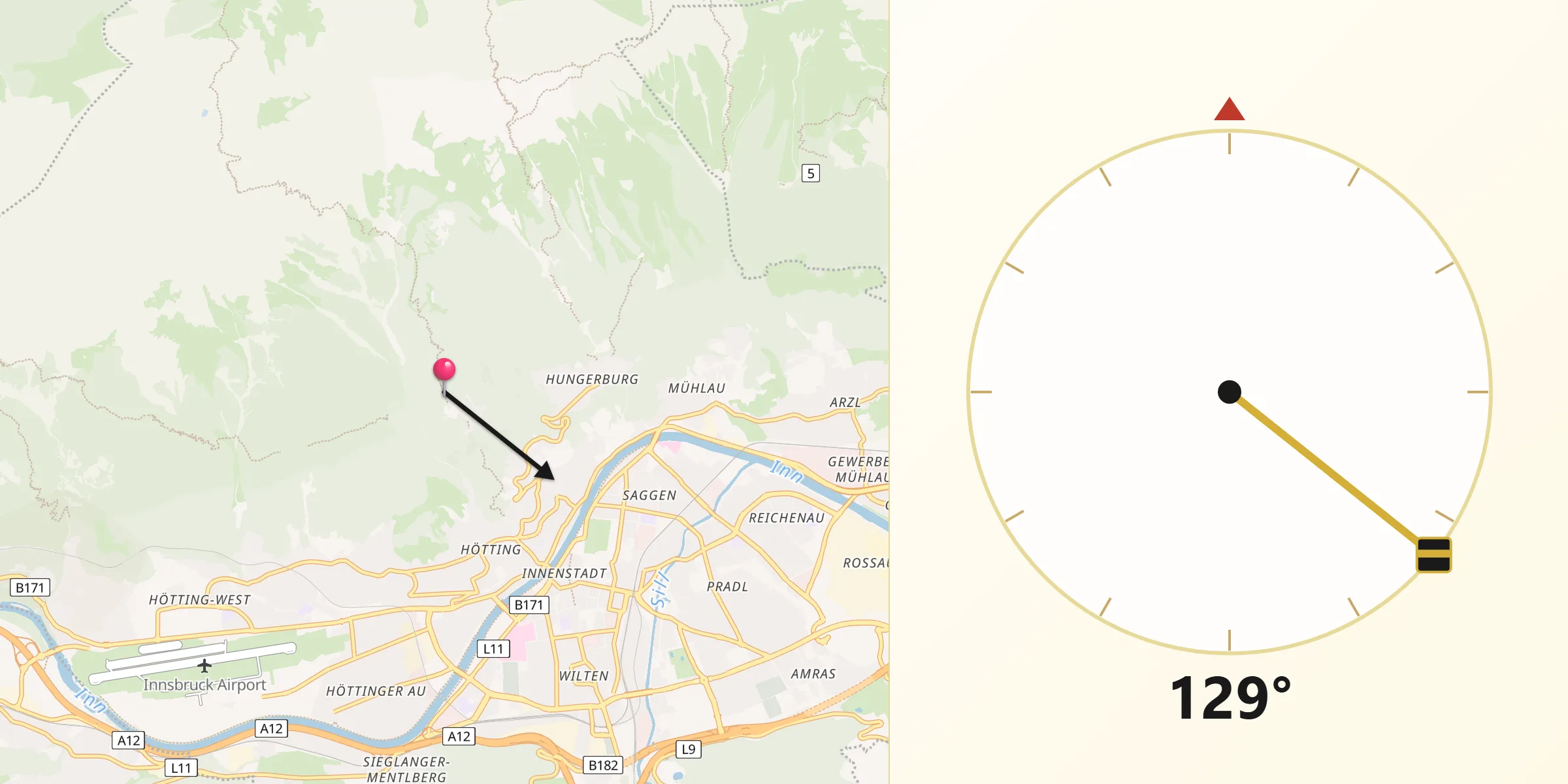Qibla-Richtung von Innsbruck Stadt