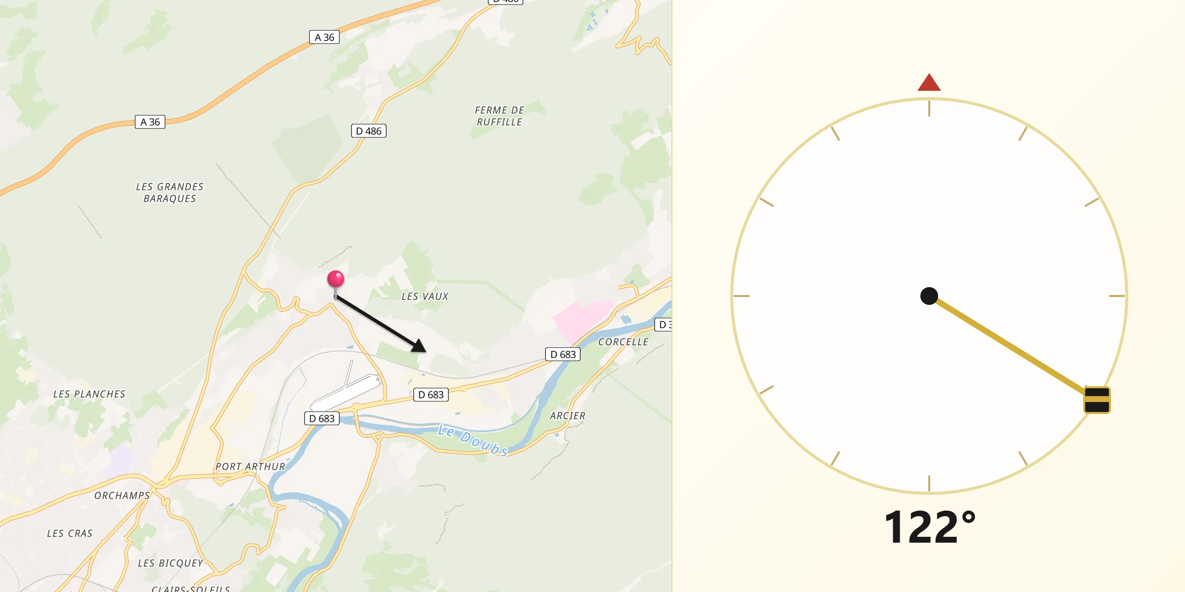 Direction vers la Qibla depuis Thise