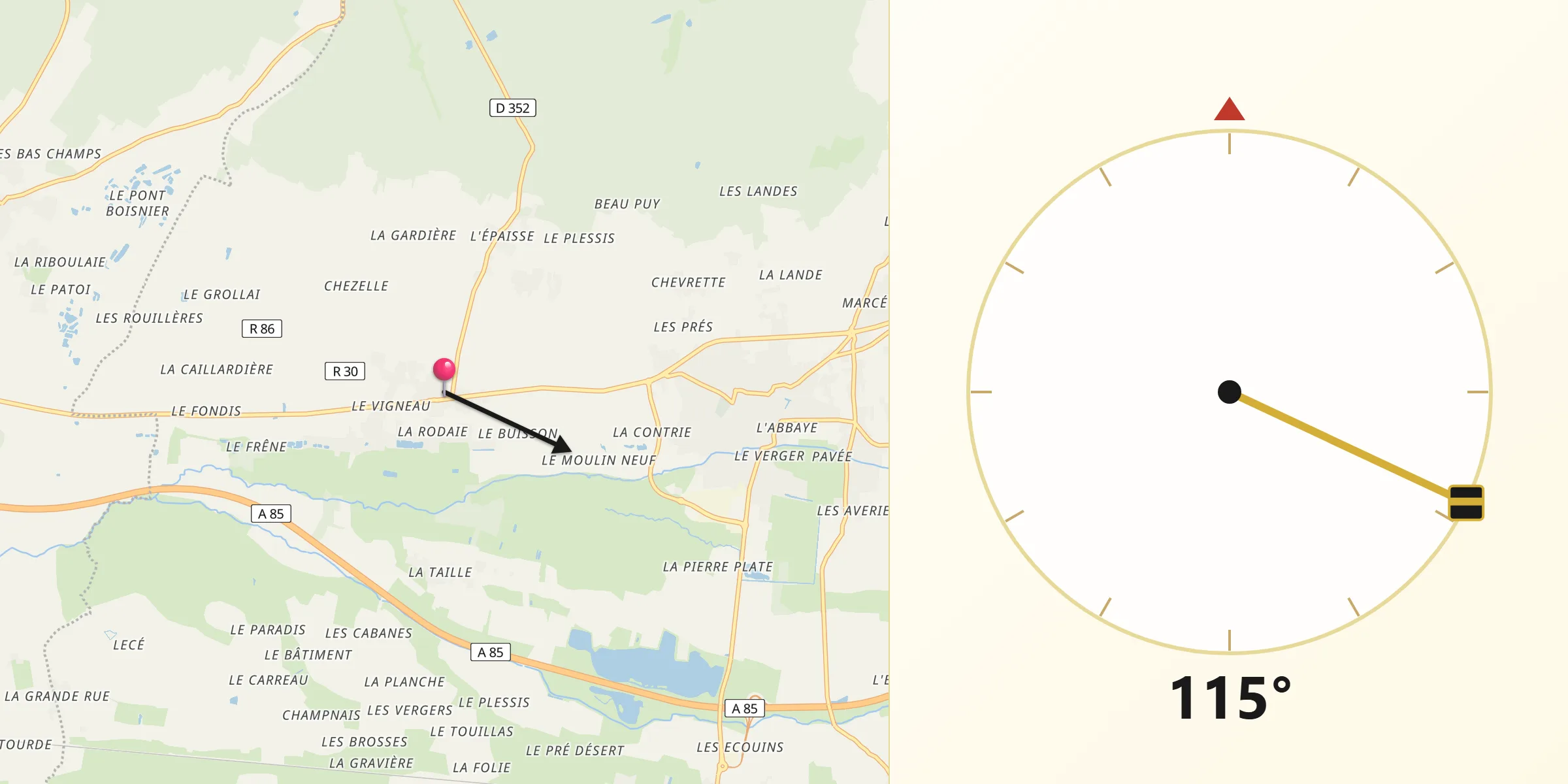 Direction vers la Qibla depuis Saint-Nicolas-de-Bourgueil