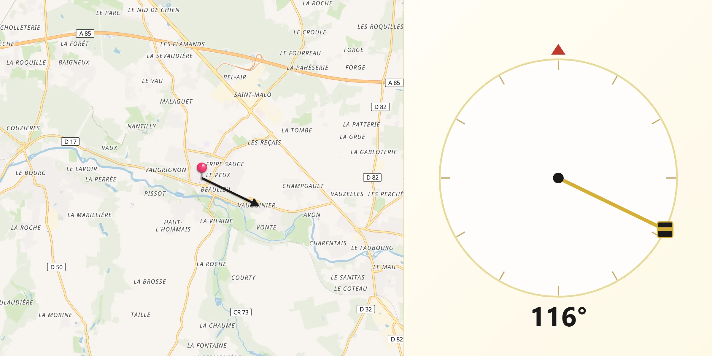 Direction vers la Qibla depuis Esvres
