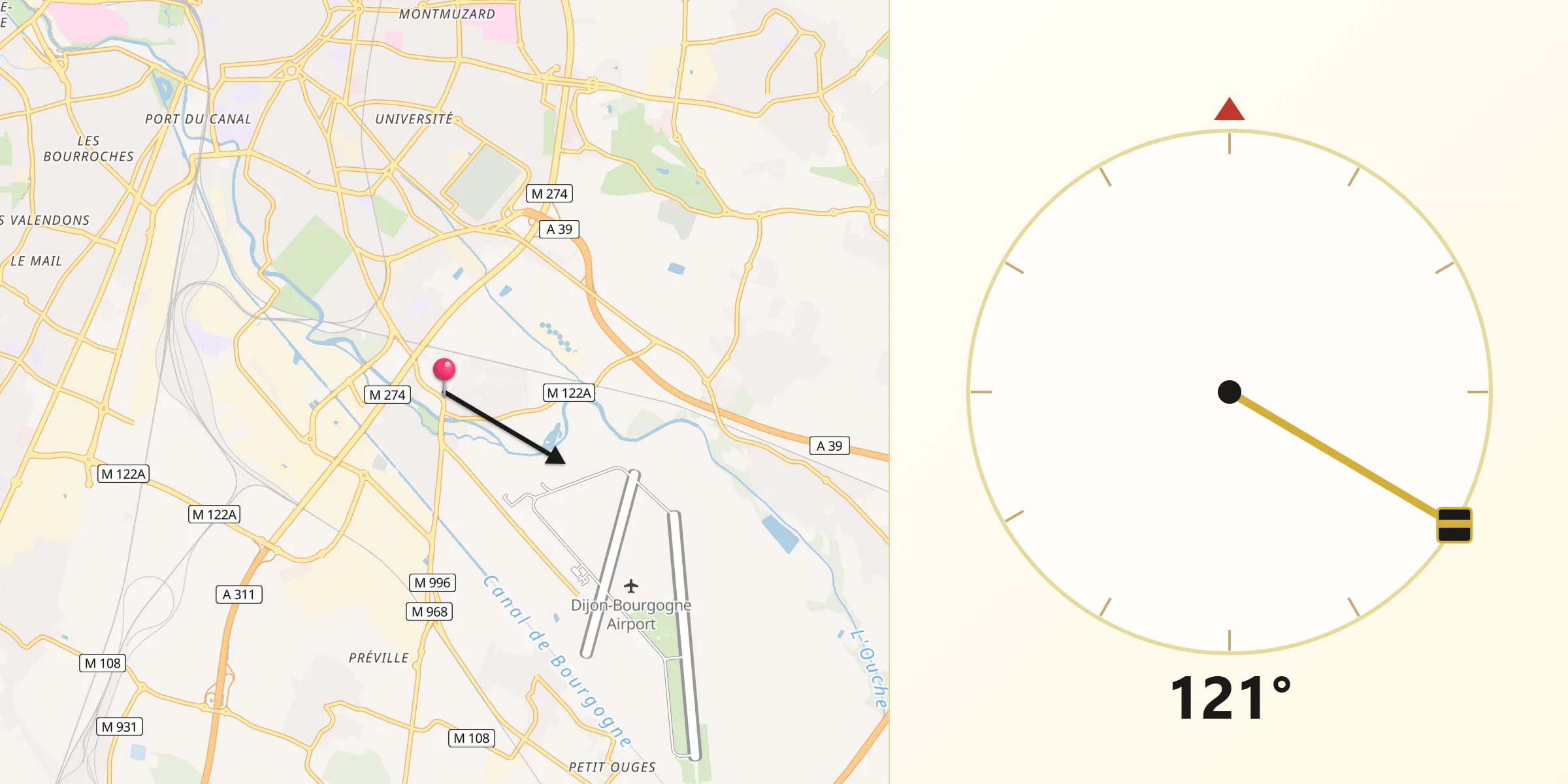 Direction vers la Qibla depuis Longvic