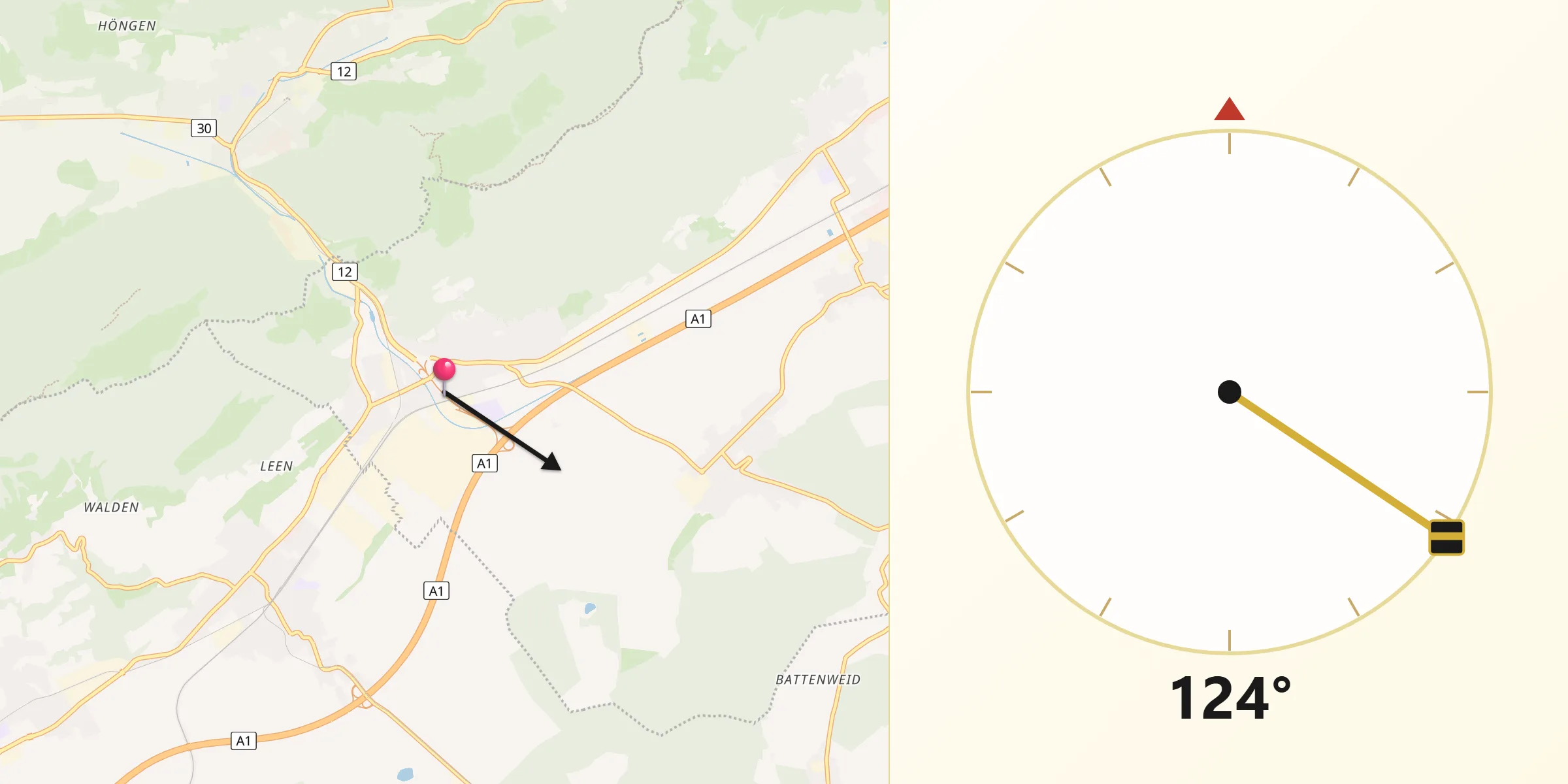 Direction vers la Qibla depuis Oensingen