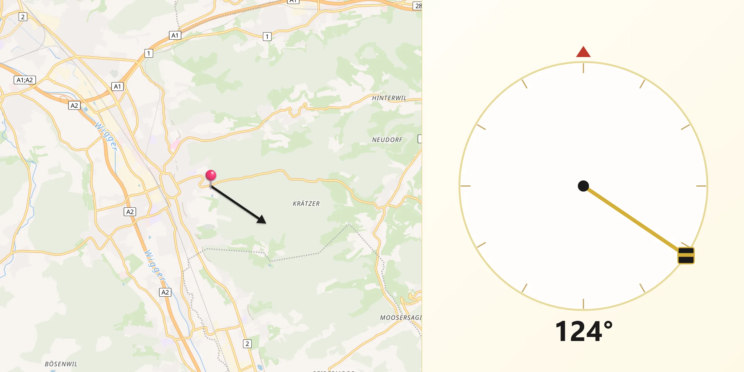 Qibla-Richtung von Bezirk Zofingen