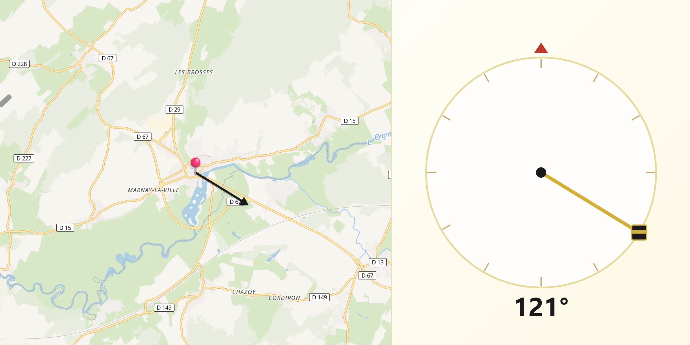 Direction vers la Qibla depuis Marnay