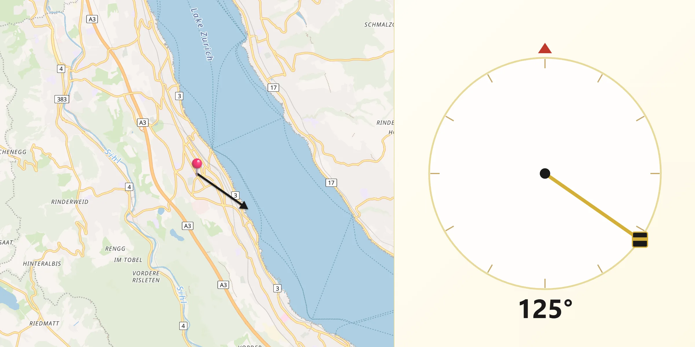 Direction vers la Qibla depuis Thalwil