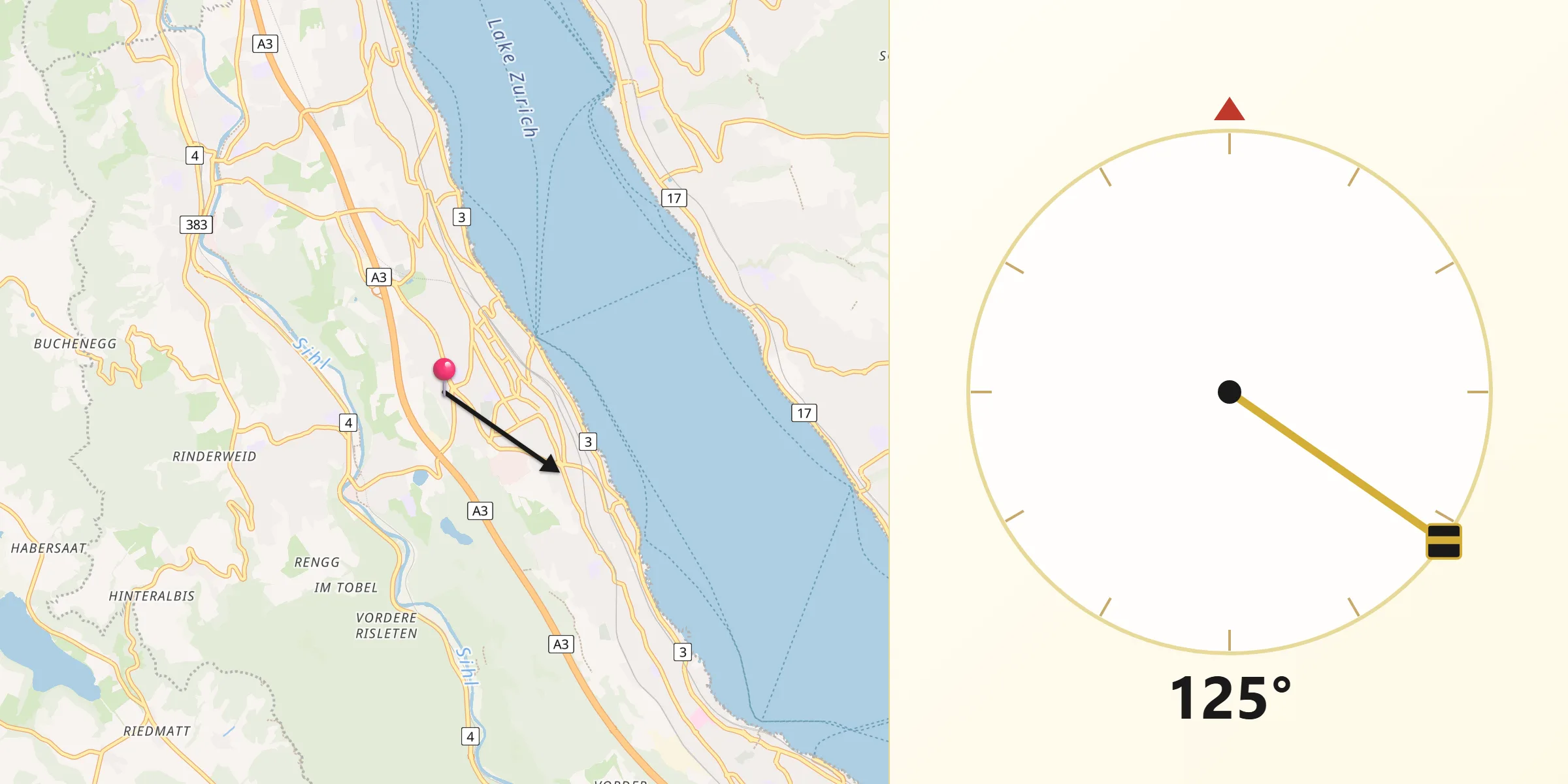 Direzione della Qibla da Thalwil / Berg
