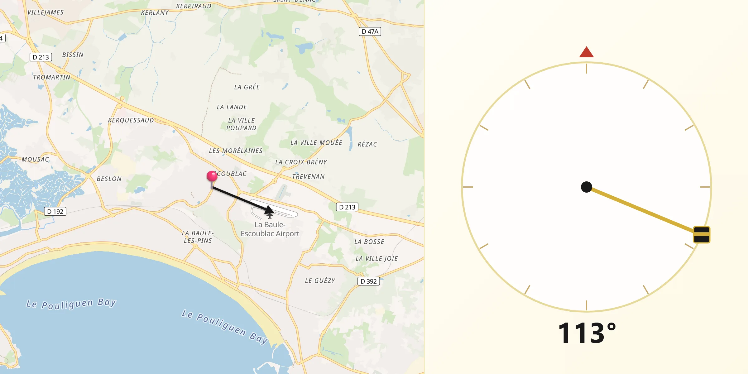 Direction vers la Qibla depuis La Baule-Escoublac