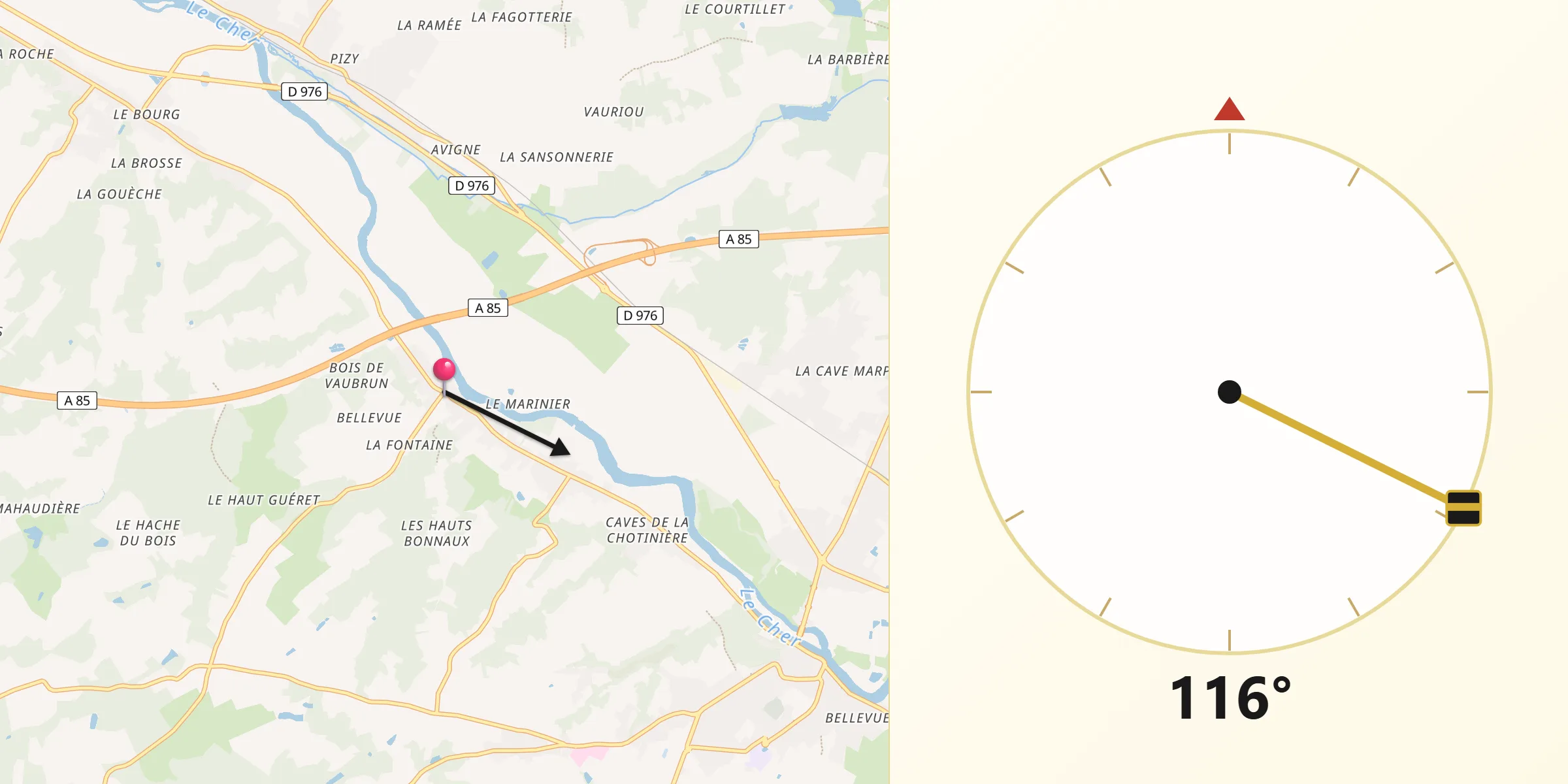 Direction vers la Qibla depuis Mareuil-sur-Cher