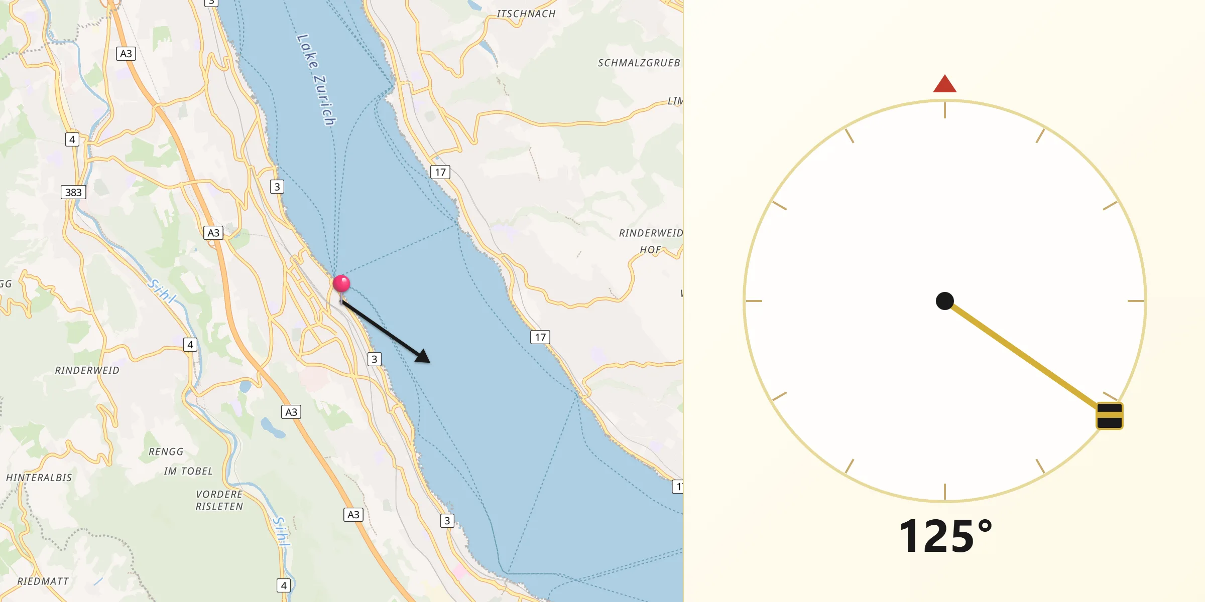 Qibla-Richtung von Thalwil / See
