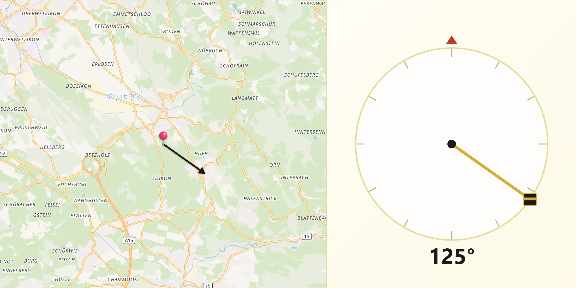Direction vers la Qibla depuis Hinwil