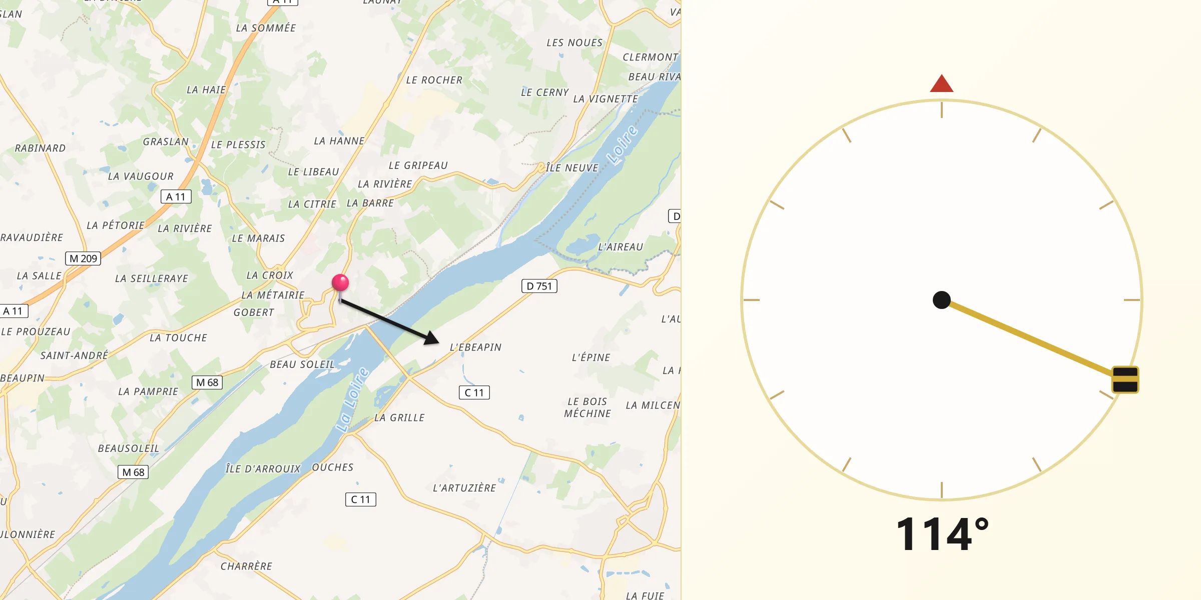 Direction vers la Qibla depuis Mauves-sur-Loire