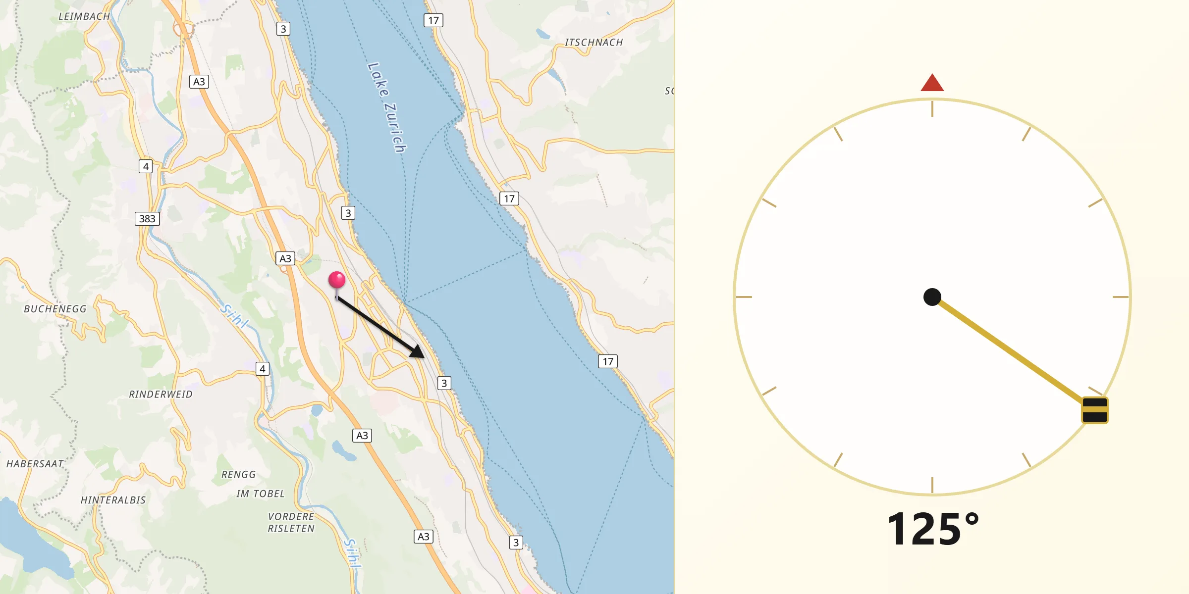 Qibla-Richtung von Thalwil / Nord
