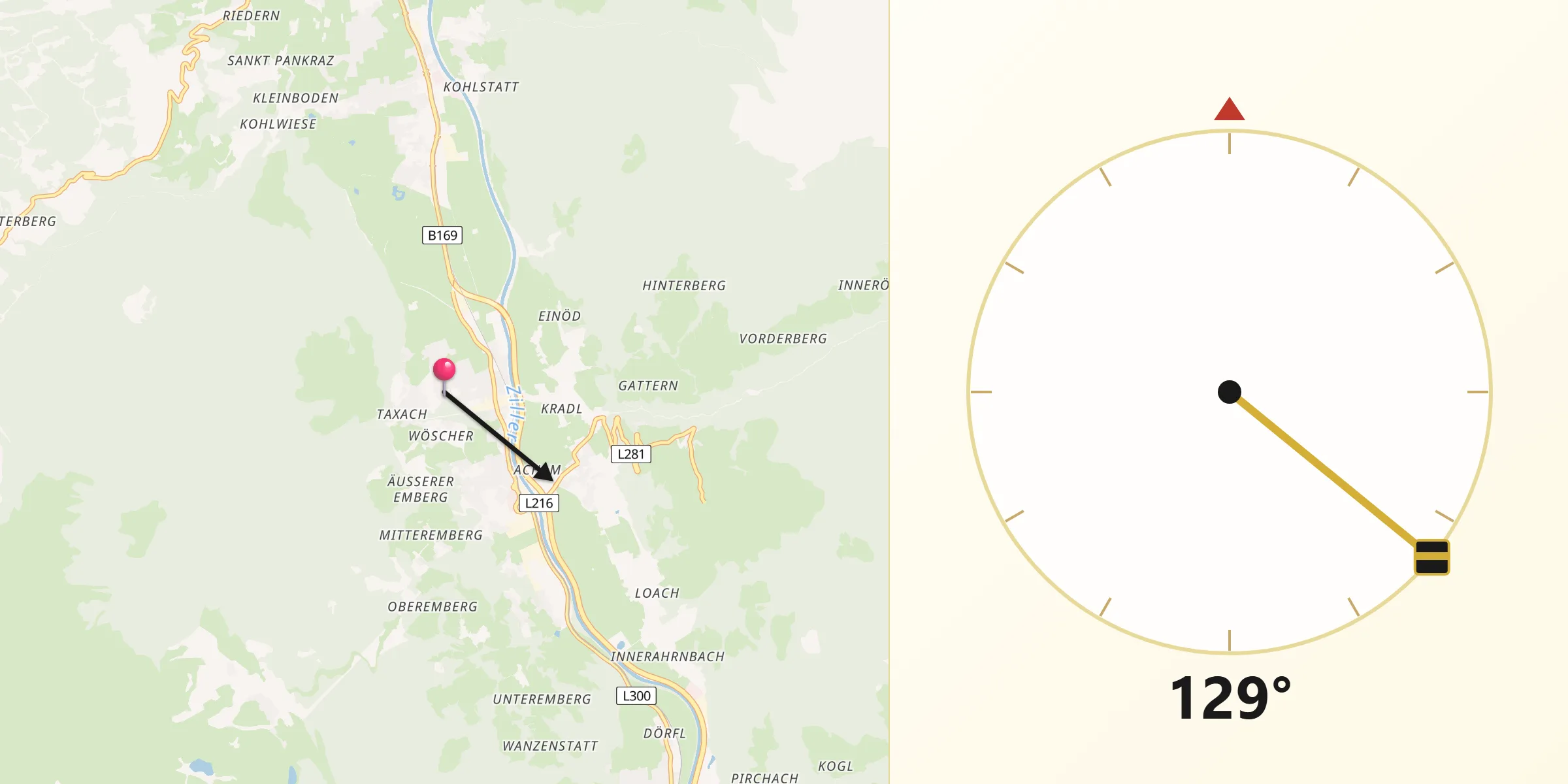 Qibla-Richtung von Ried im Zillertal