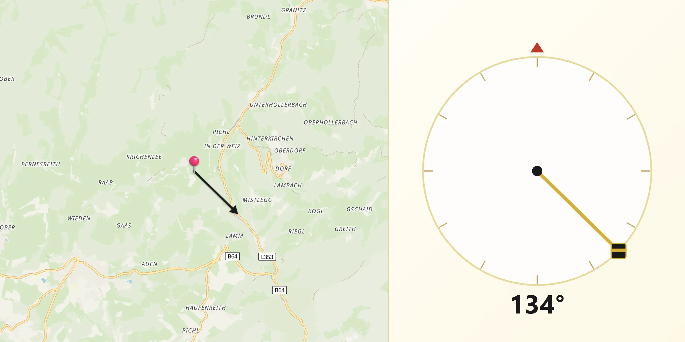 Qibla-Richtung von Hohenau an der Raab