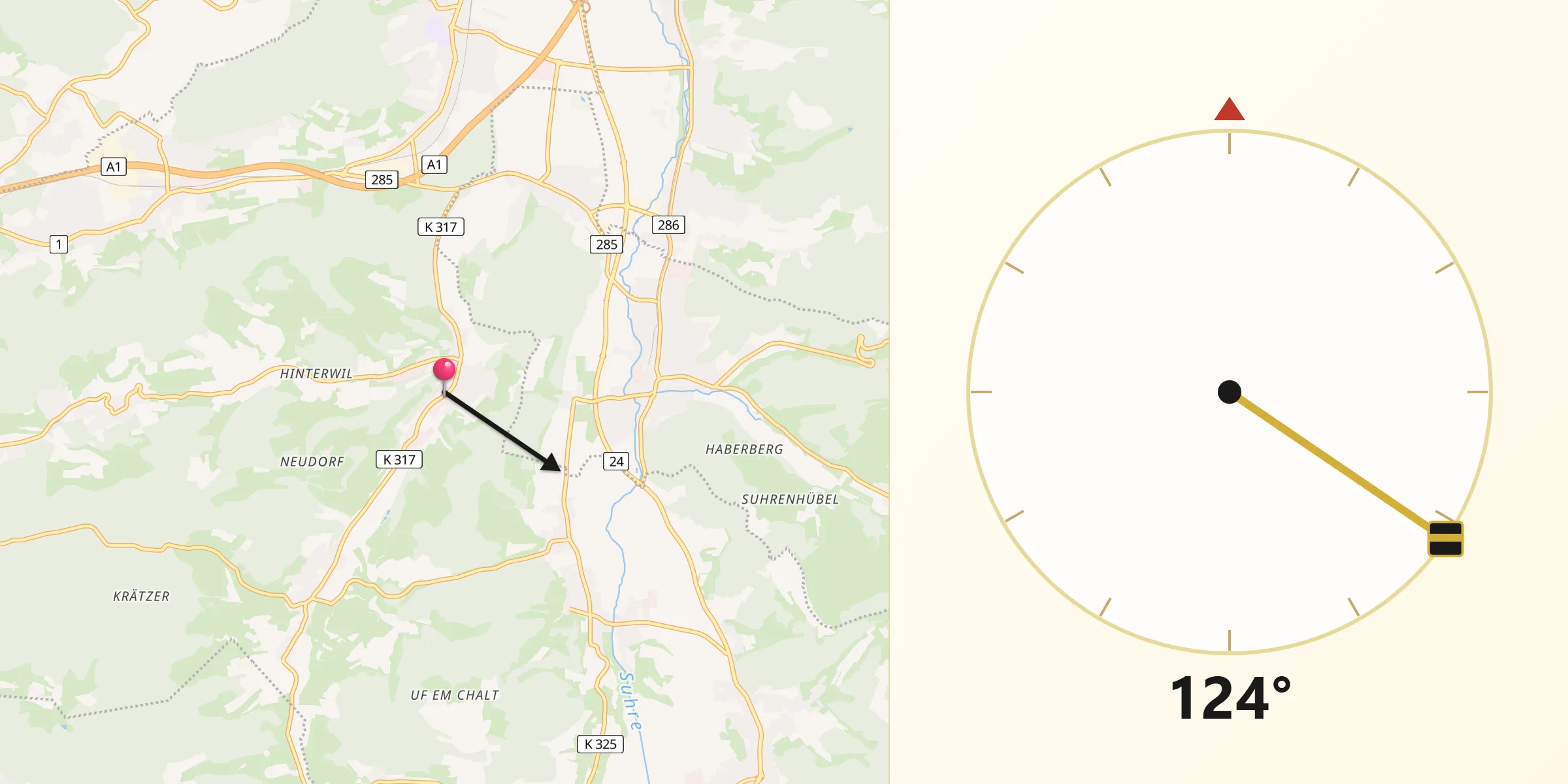 Direction vers la Qibla depuis Uerkheim