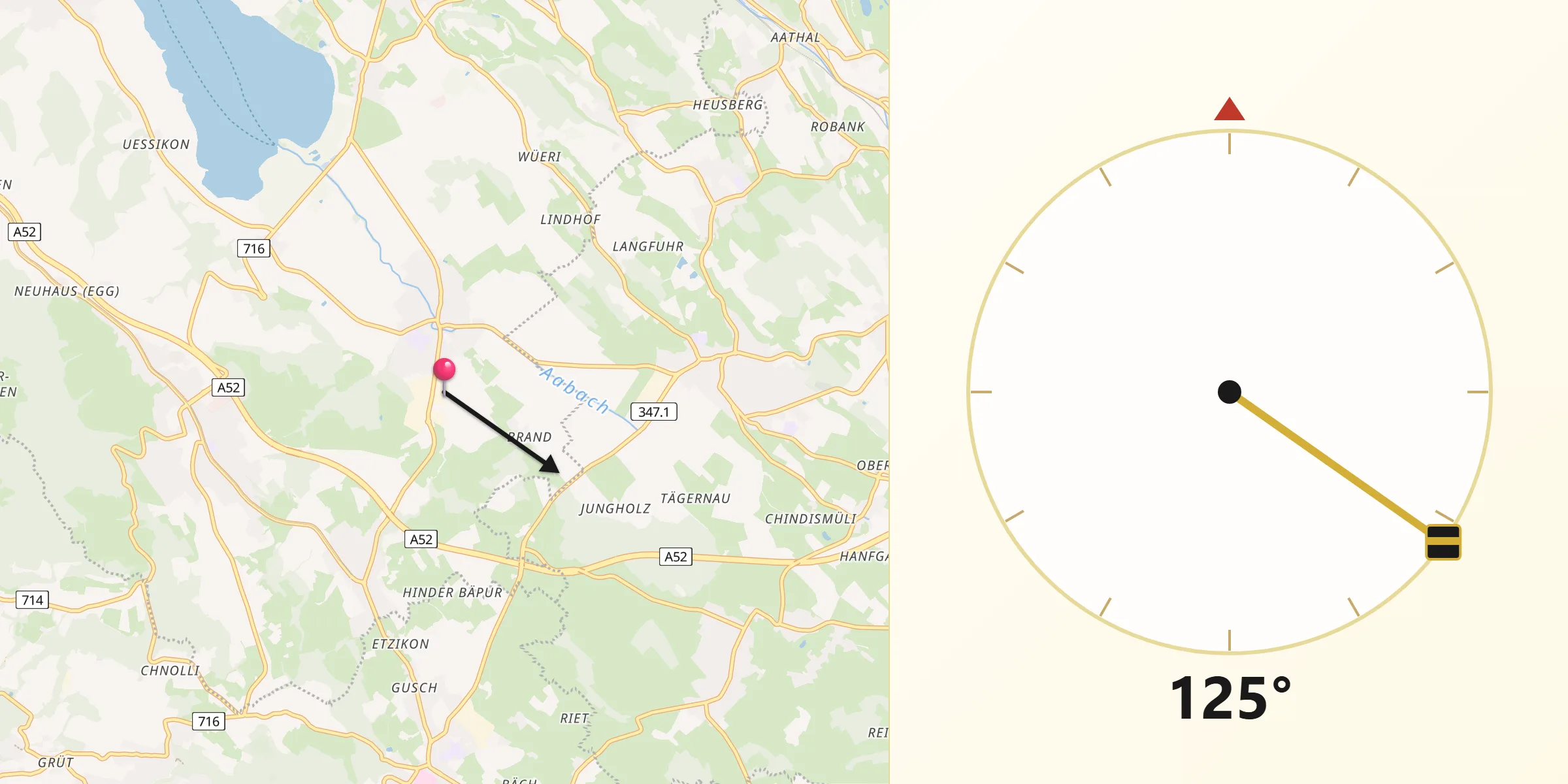 Qibla-Richtung von Mönchaltorf / Dorf