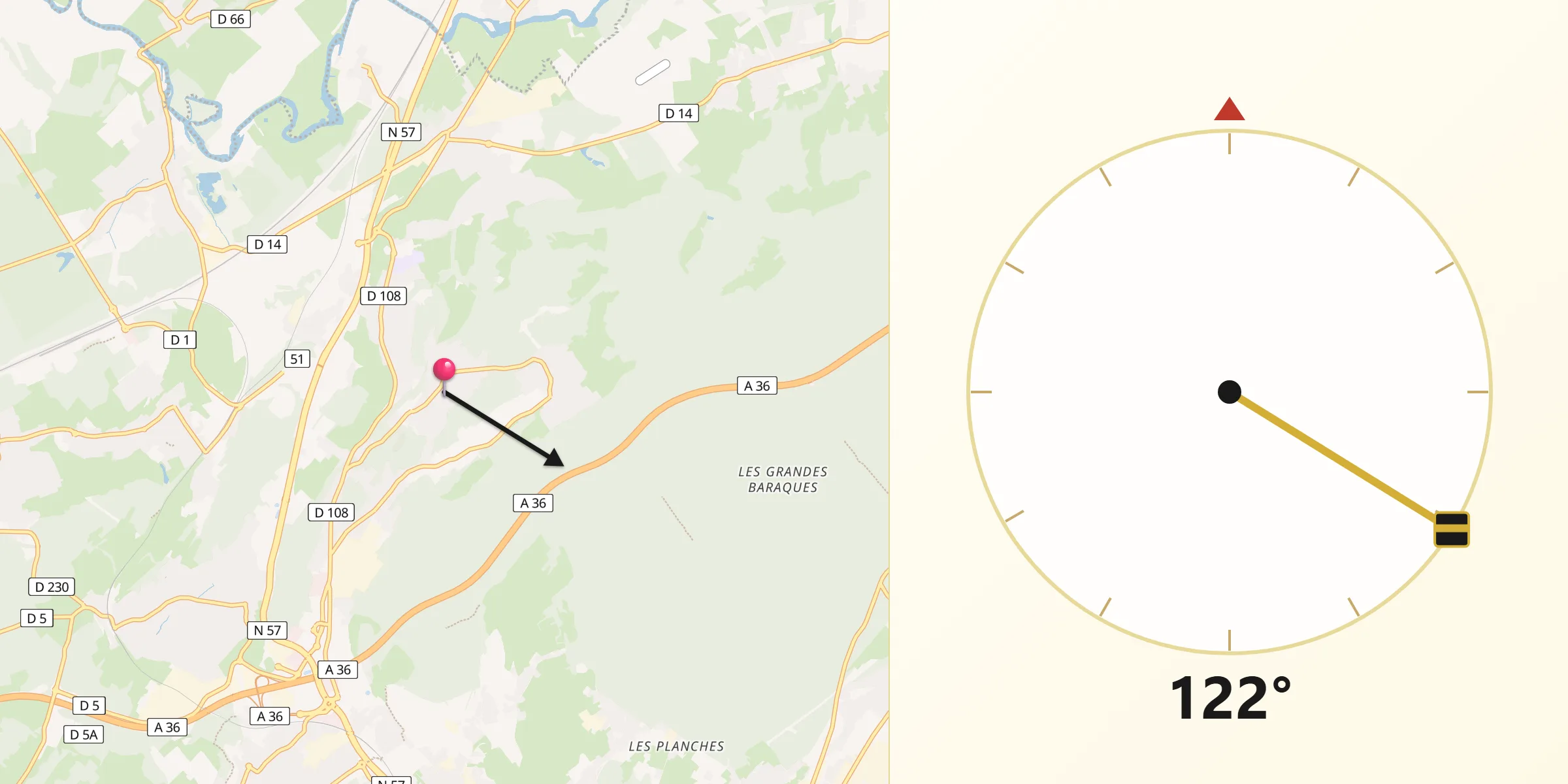 Direction vers la Qibla depuis Châtillon-le-Duc