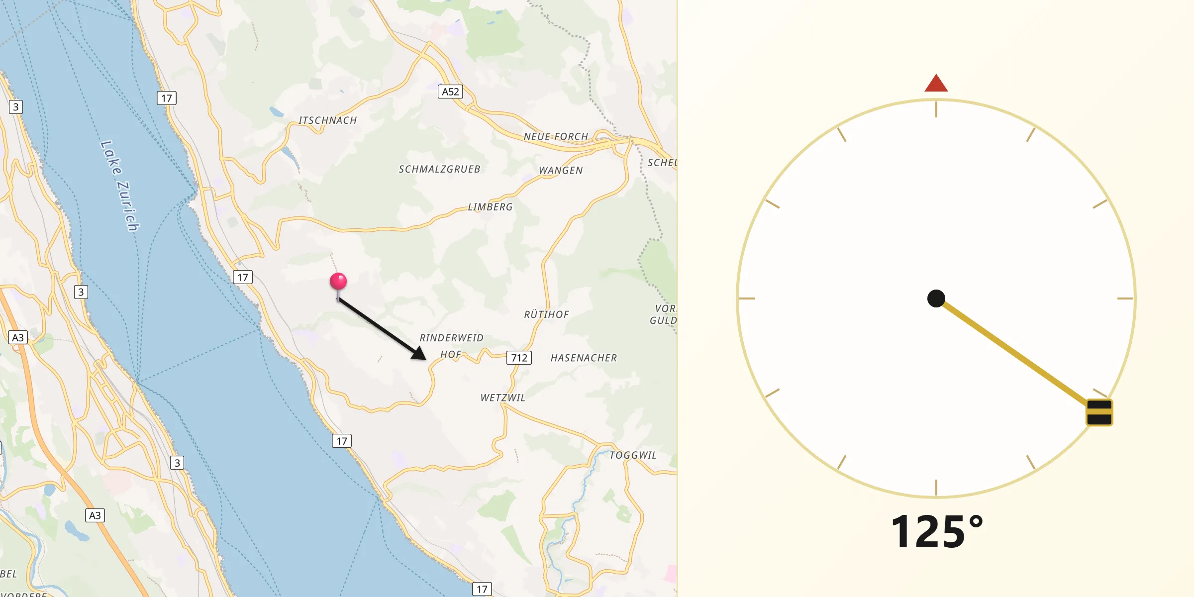 Qibla-Richtung von Erlenbach / rechts des Dorfbachs oberhalb Bahnlinie