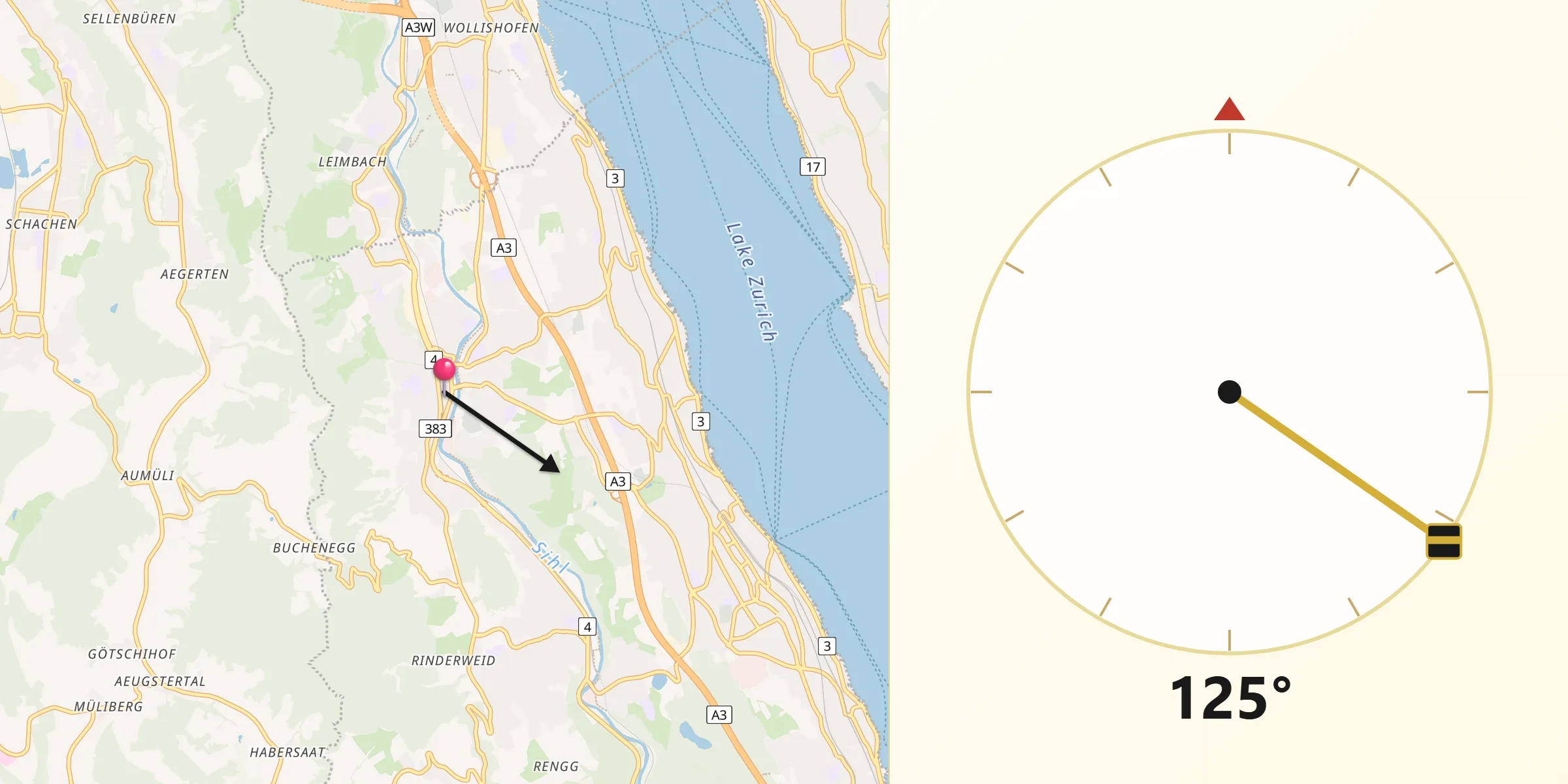 Direction vers la Qibla depuis Adliswil