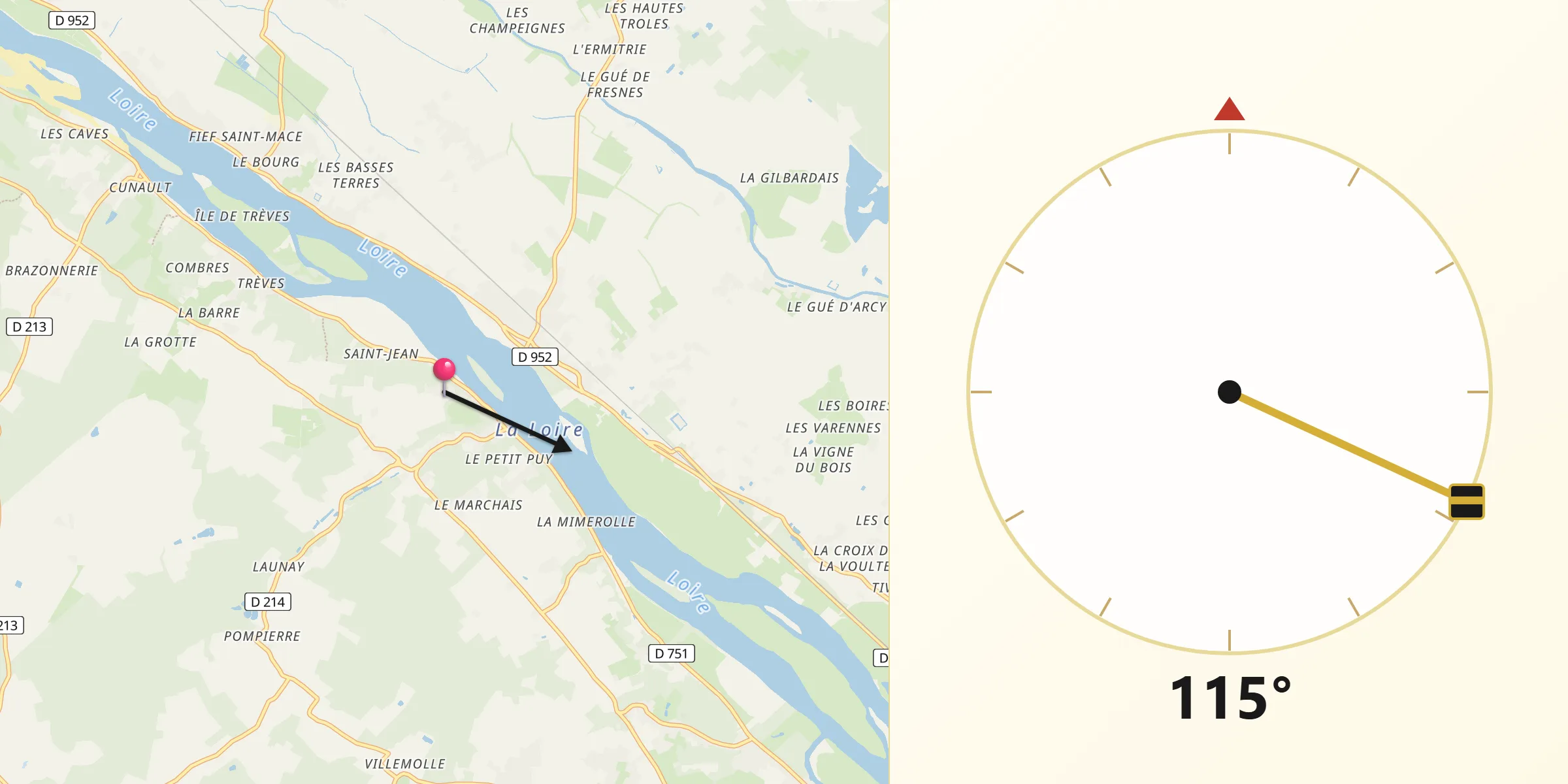 Direction vers la Qibla depuis Chênehutte-Trèves-Cunault