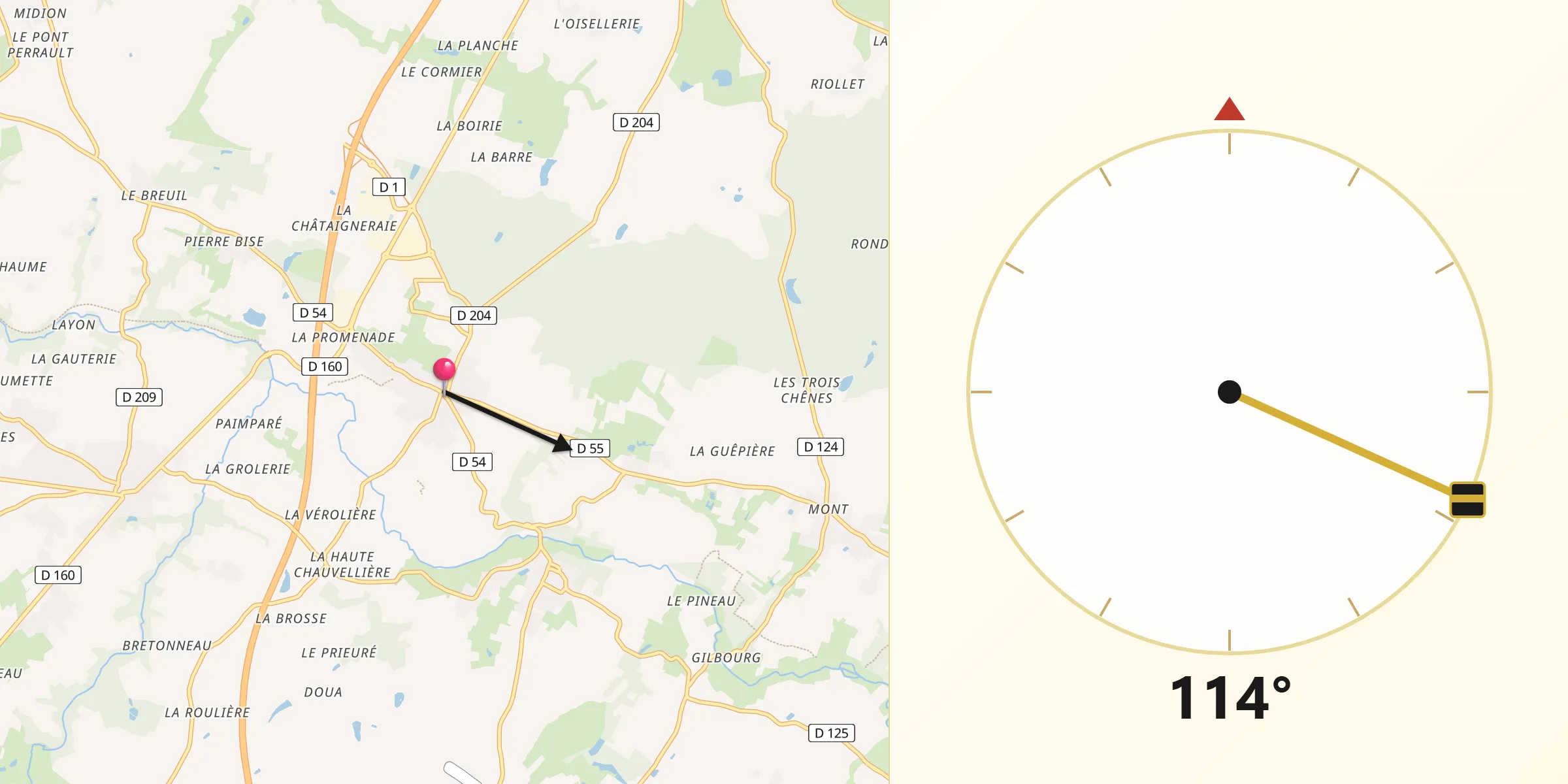 Direction vers la Qibla depuis Beaulieu-sur-Layon