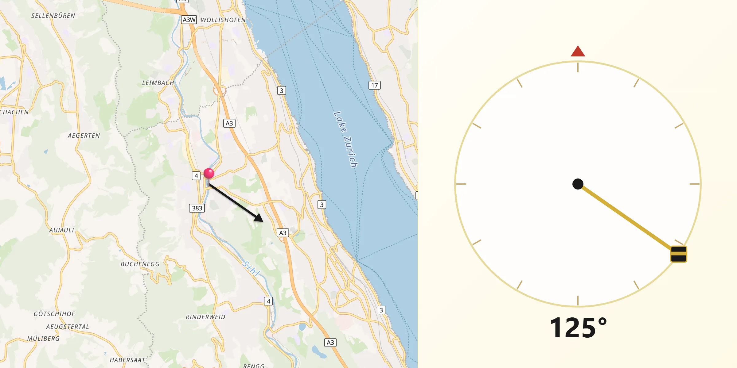 Direzione della Qibla da Adliswil / Adliswil (Stadtkern)