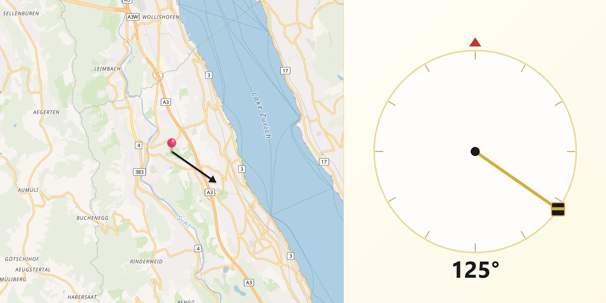 Direction vers la Qibla depuis Adliswil / Tal