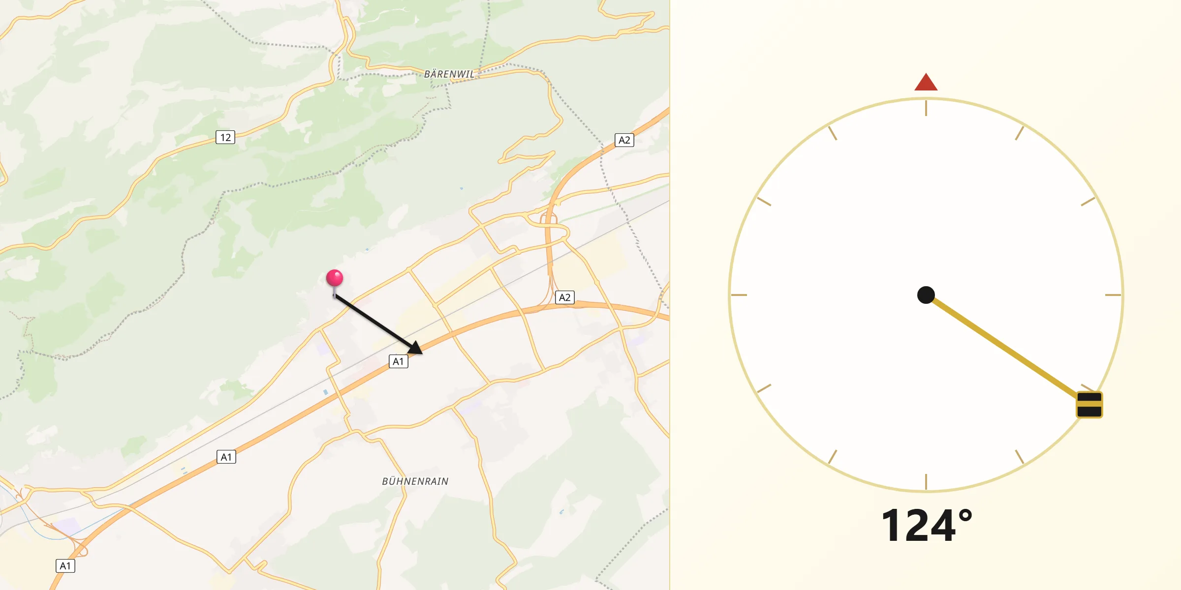 Direction vers la Qibla depuis Oberbuchsiten