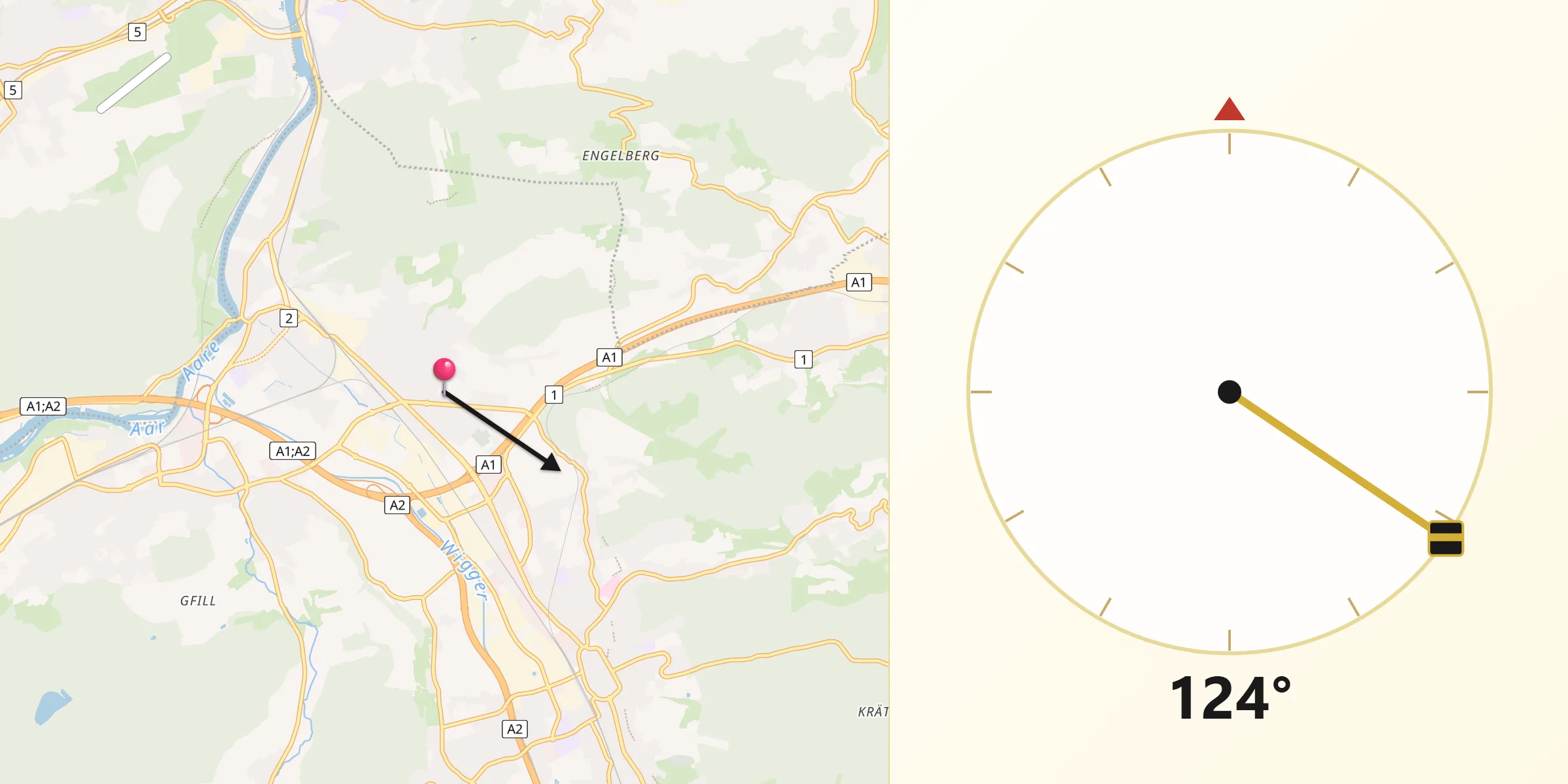 Direction vers la Qibla depuis Oftringen