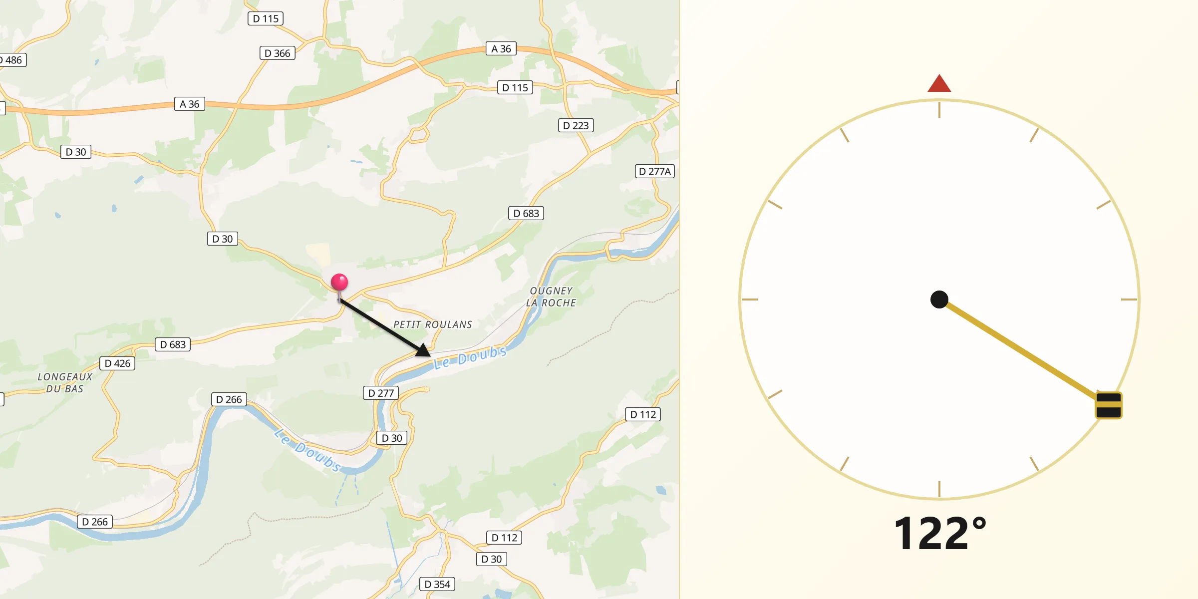 Direction vers la Qibla depuis Roulans