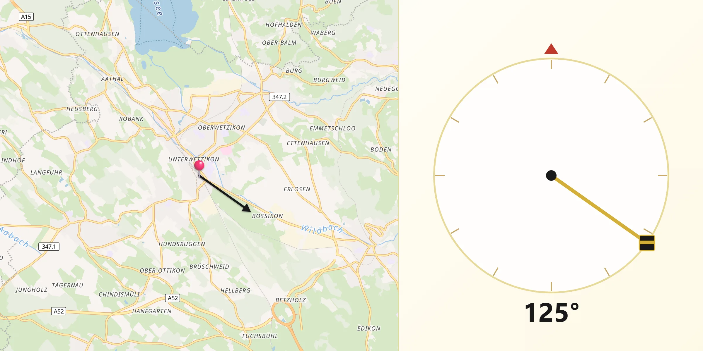 Qibla-Richtung von Wetzikon / Unter-Wetzikon