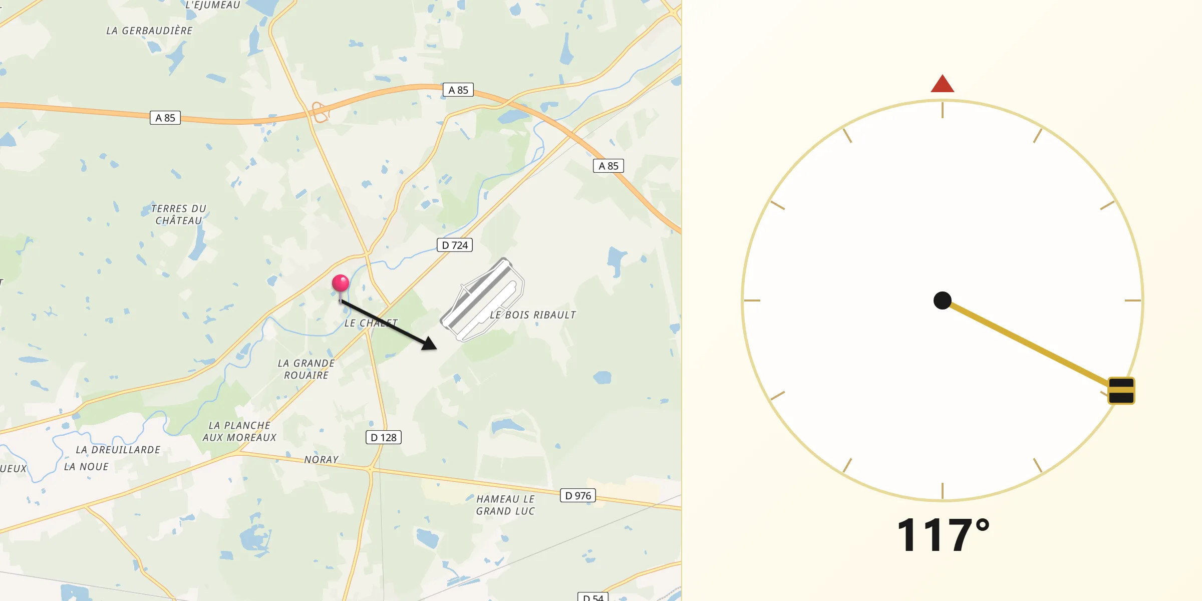 Direction vers la Qibla depuis Pruniers-en-Sologne