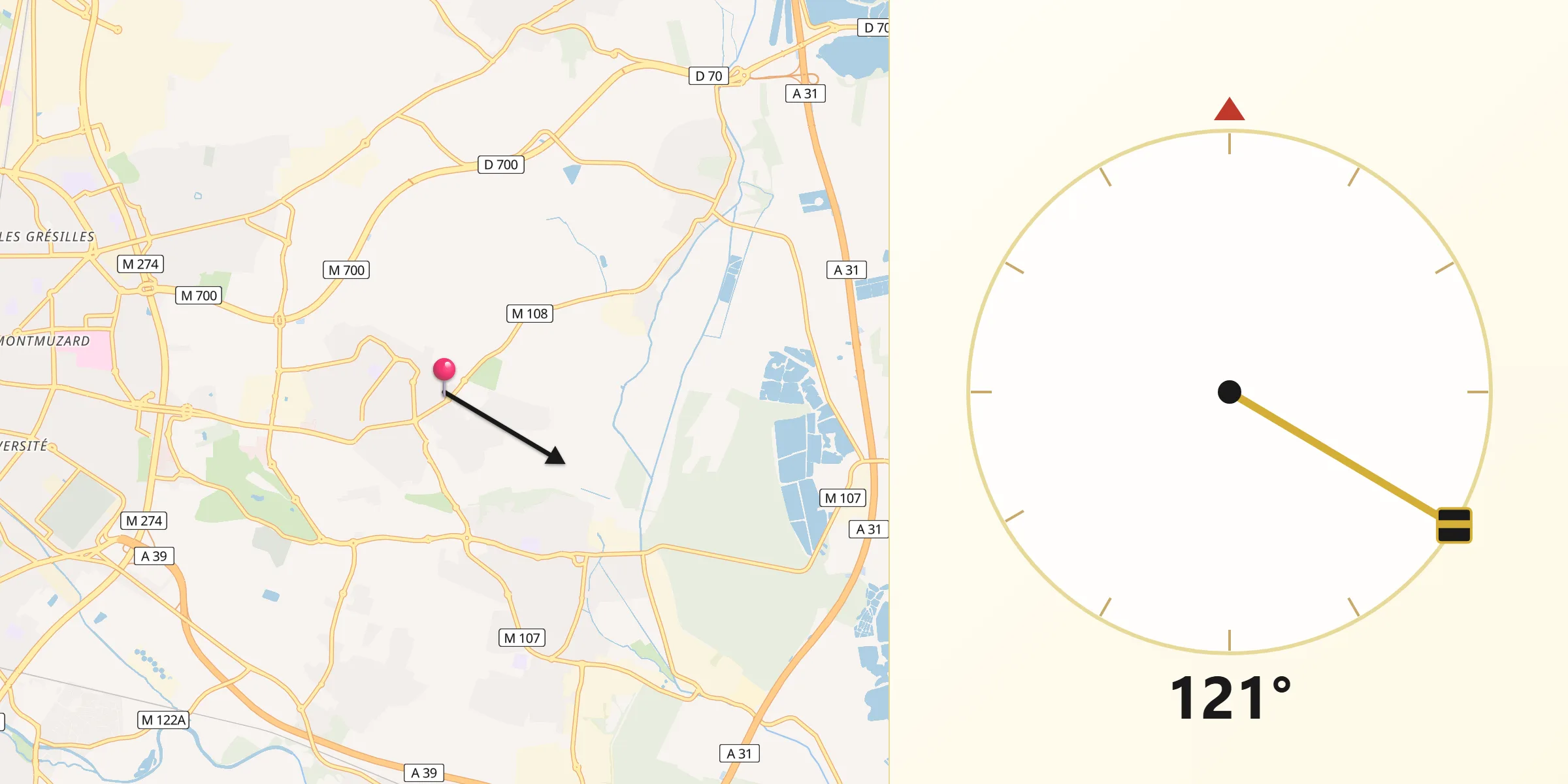 Direction vers la Qibla depuis Quetigny