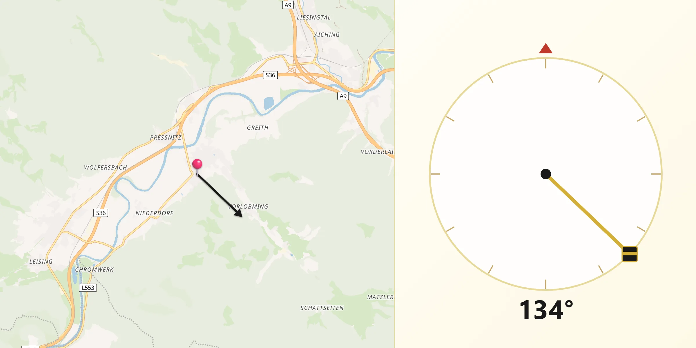Qibla-Richtung von Sankt Stefan ob Leoben