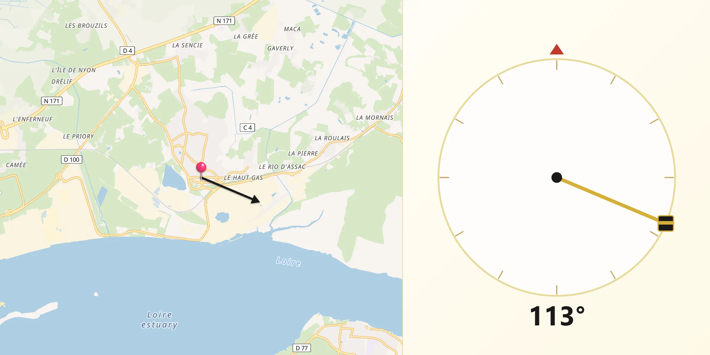 Direction vers la Qibla depuis Donges