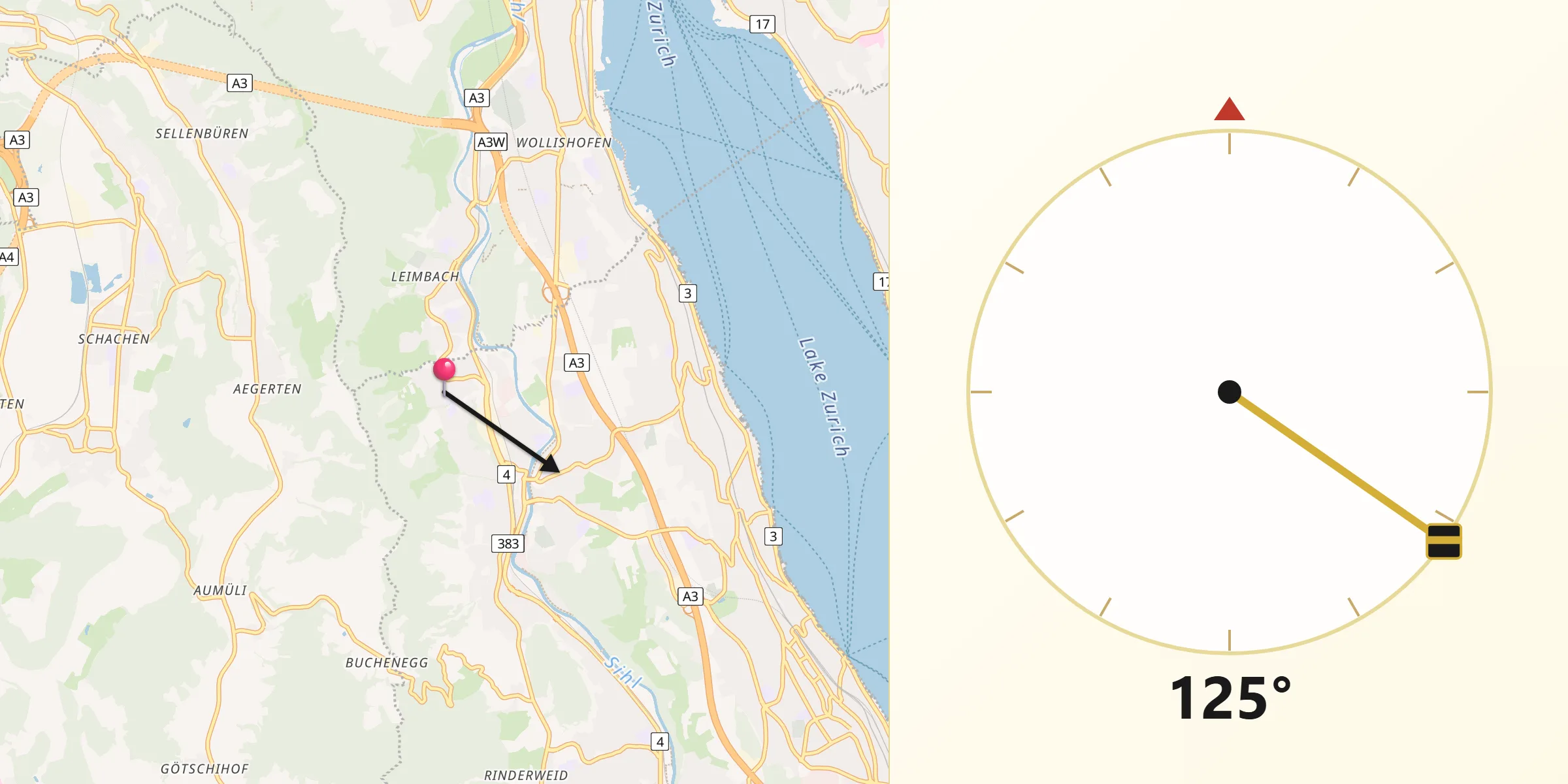 Qibla-Richtung von Adliswil / Oberleimbach