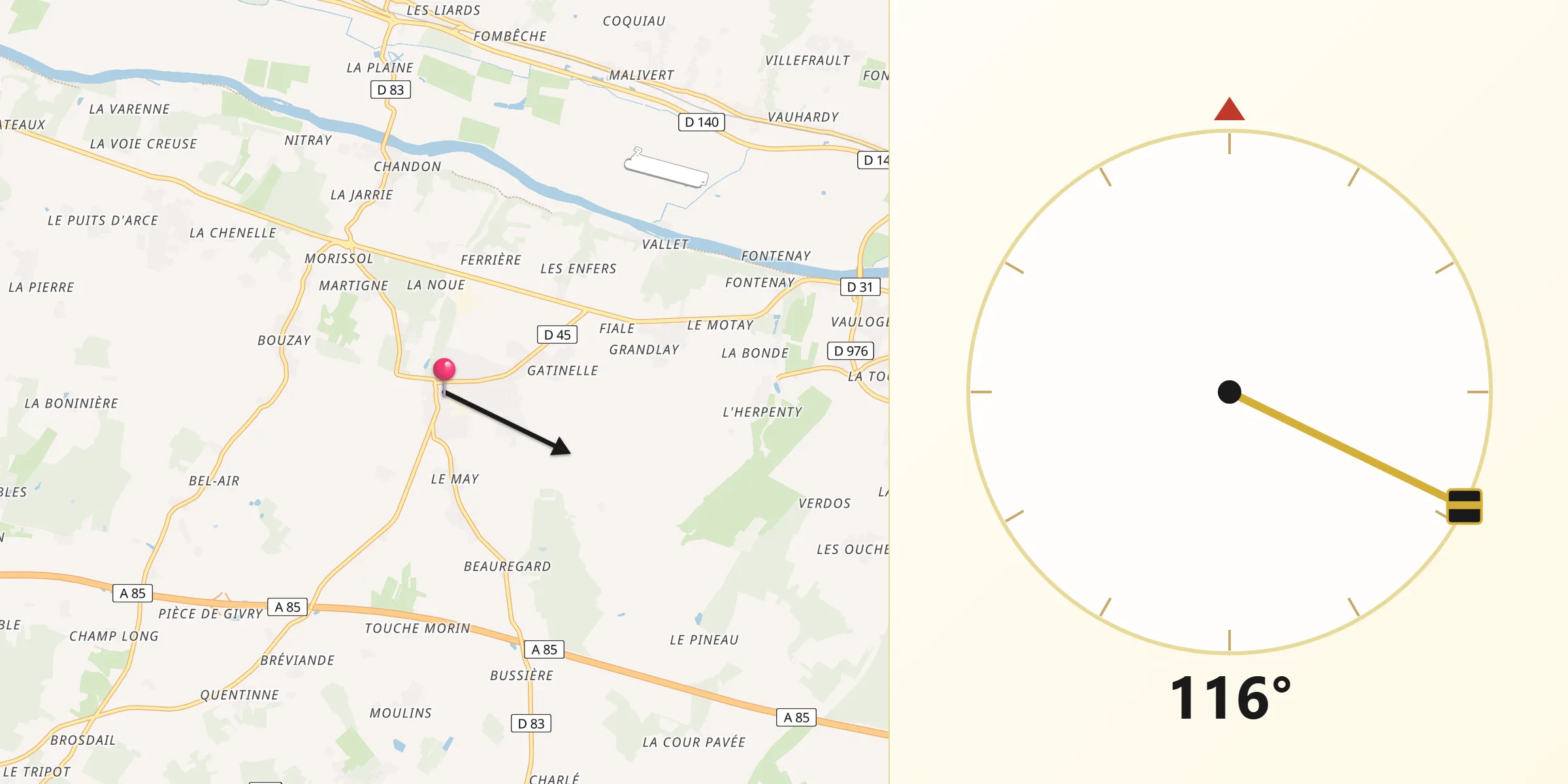 Direction vers la Qibla depuis Athée-sur-Cher