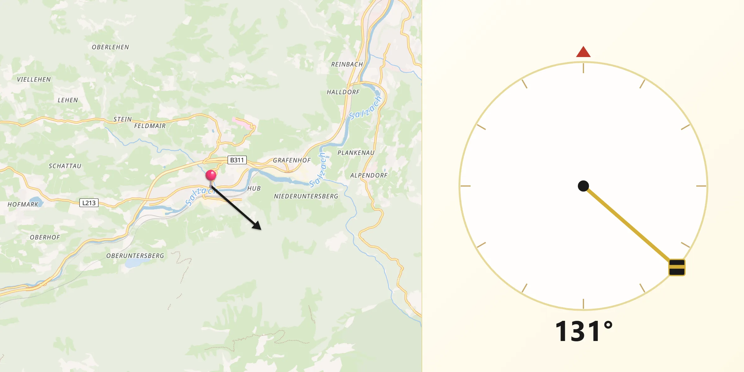 Qibla-Richtung von Schwarzach im Pongau