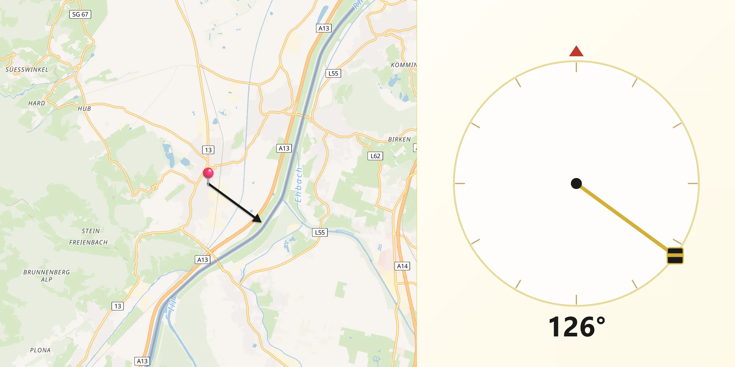 Direction vers la Qibla depuis Oberriet