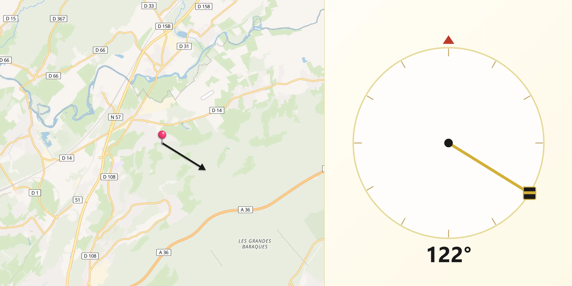 Direction vers la Qibla depuis Devecey