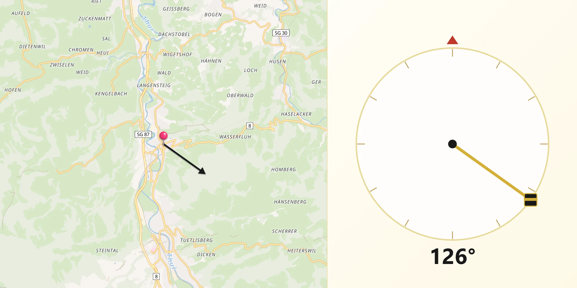 Direction vers la Qibla depuis Lichtensteig