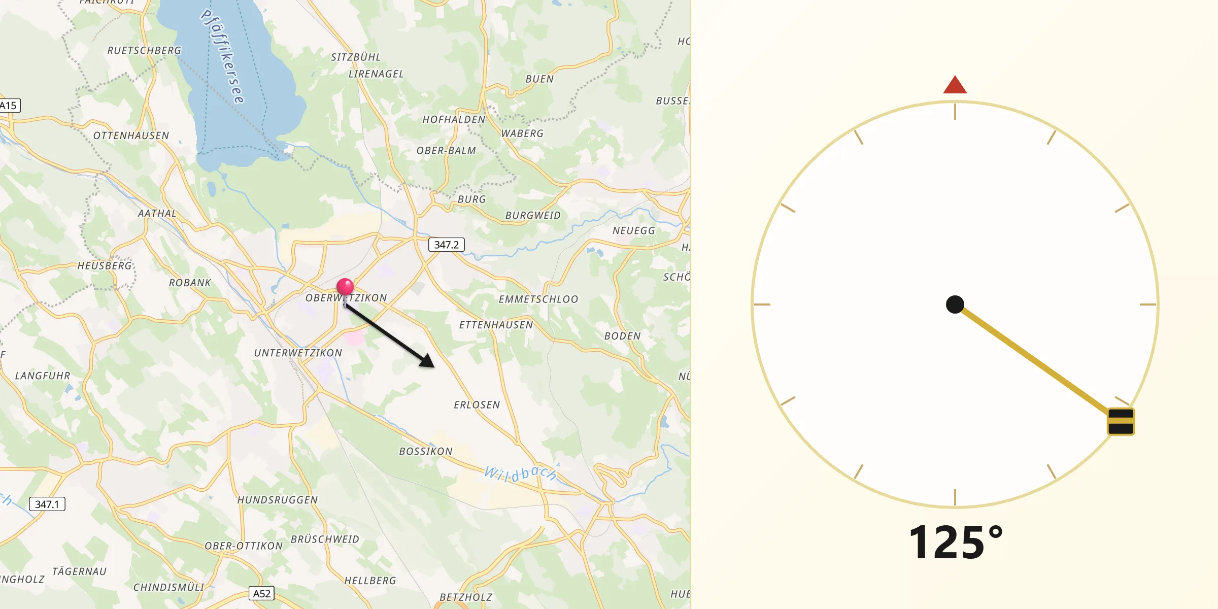 Direction vers la Qibla depuis Wetzikon / Ober-Wetzikon
