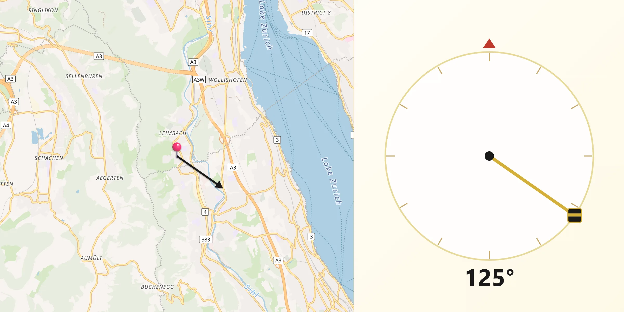 Qibla-Richtung von Zürich (Kreis 2) / Mittel-Leimbach