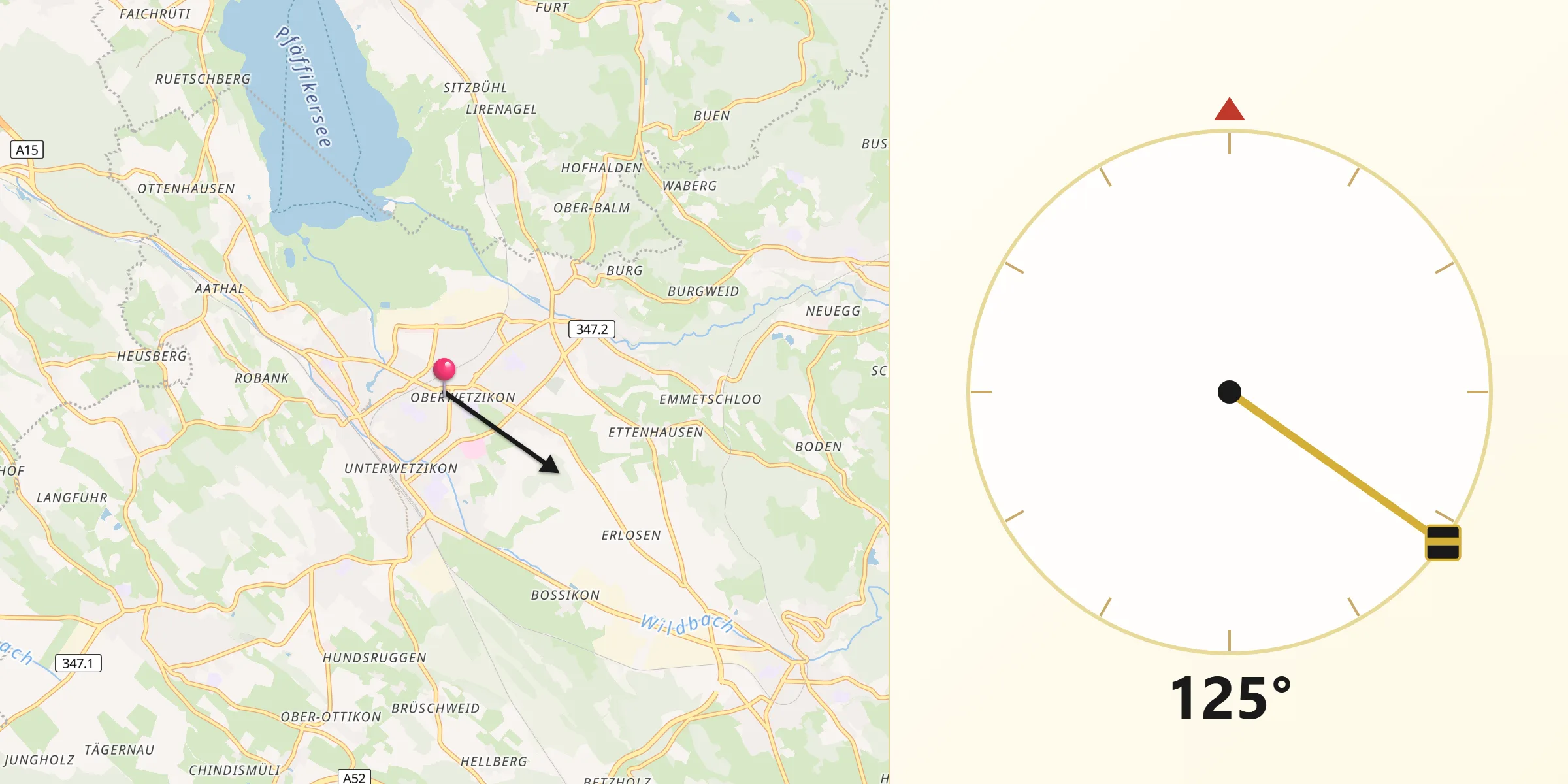Direction vers la Qibla depuis Wetzikon