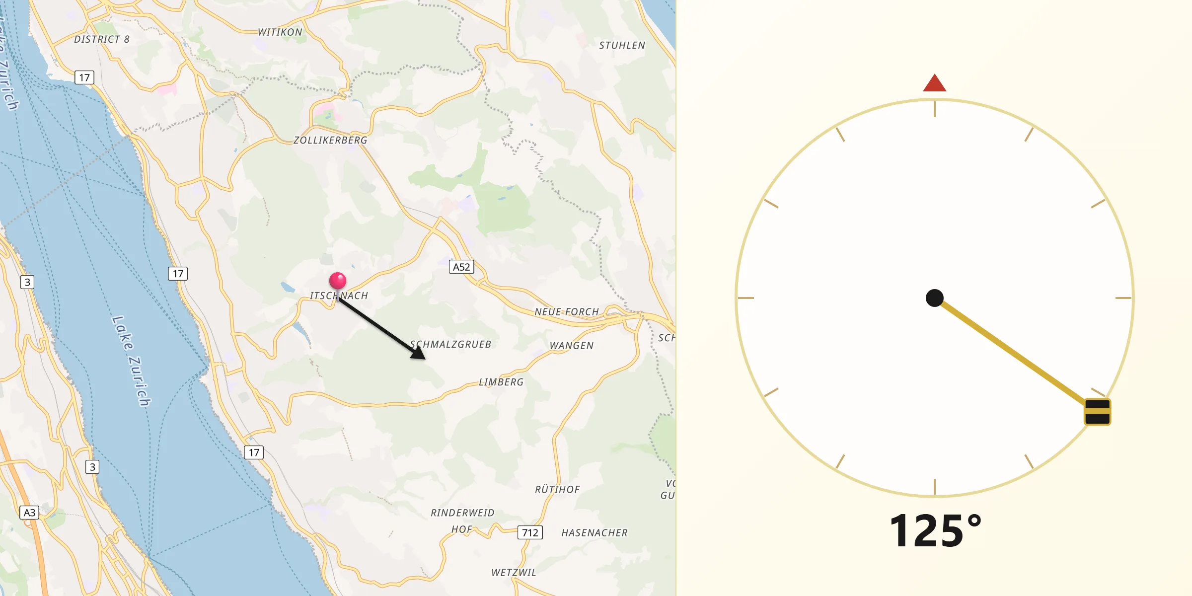 Direzione della Qibla da Küsnacht / Itschnach