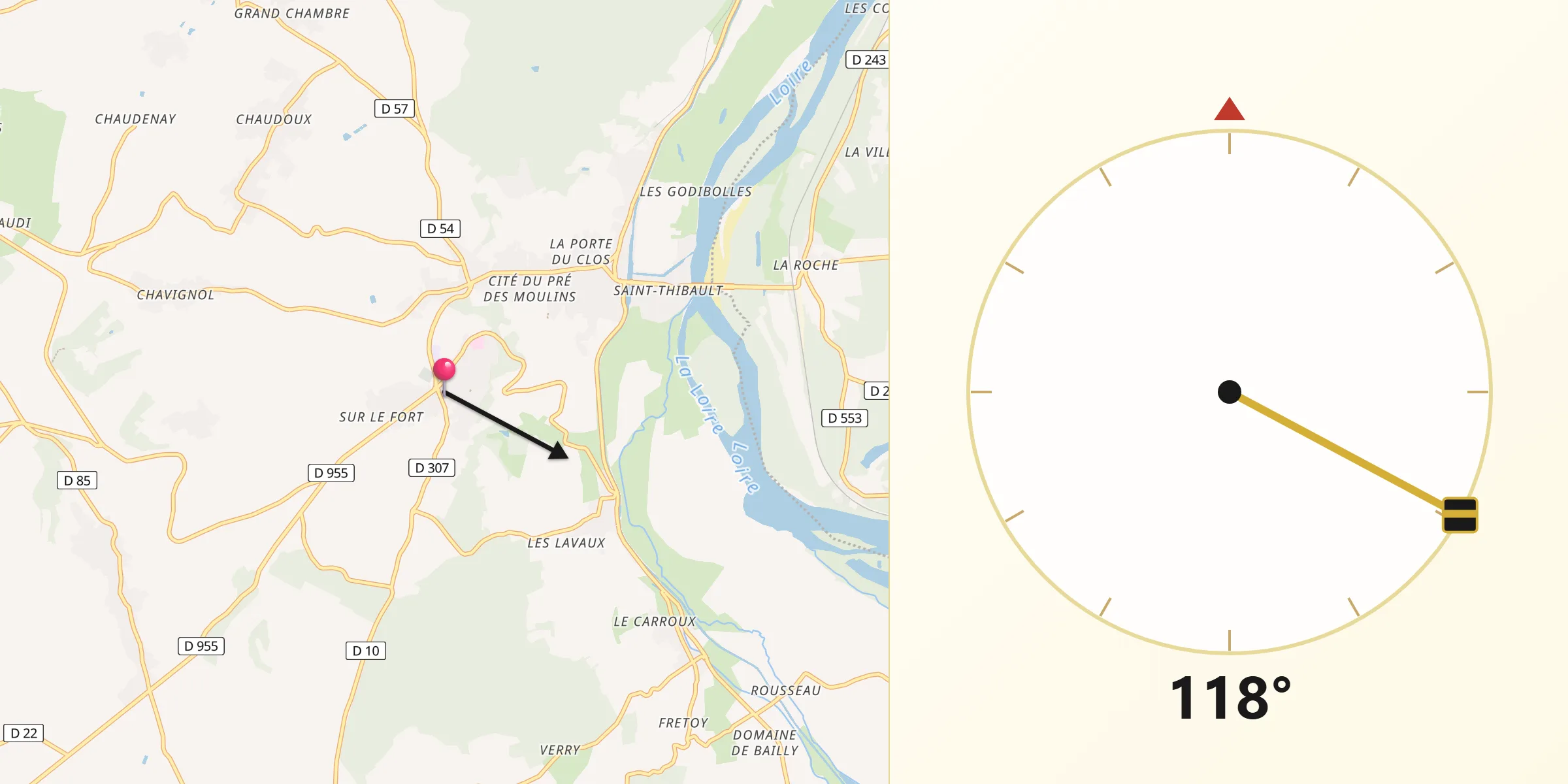 Direction vers la Qibla depuis Sancerre