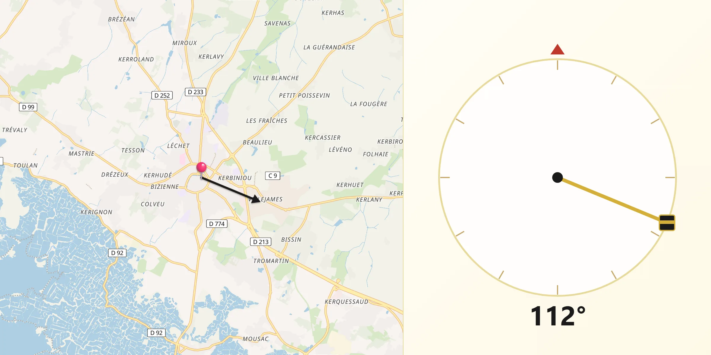 Direction vers la Qibla depuis Guérande